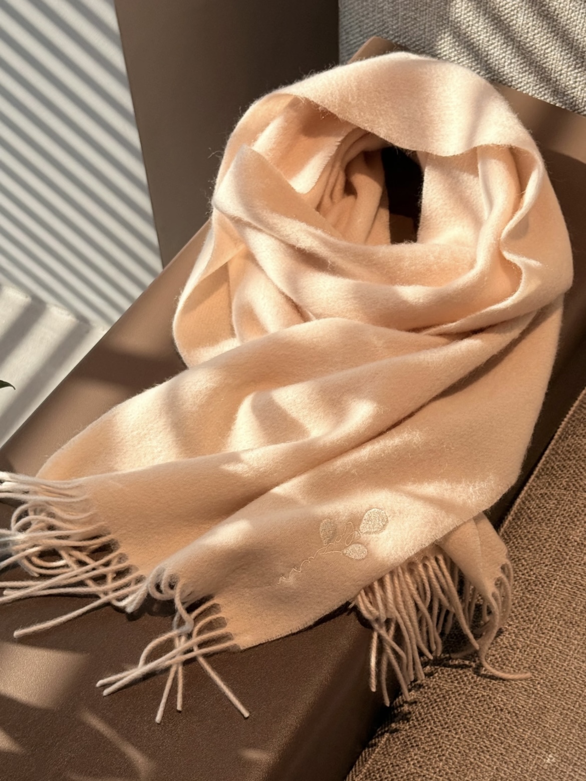 Source photo of a beige cashmere scarf draped over a chair