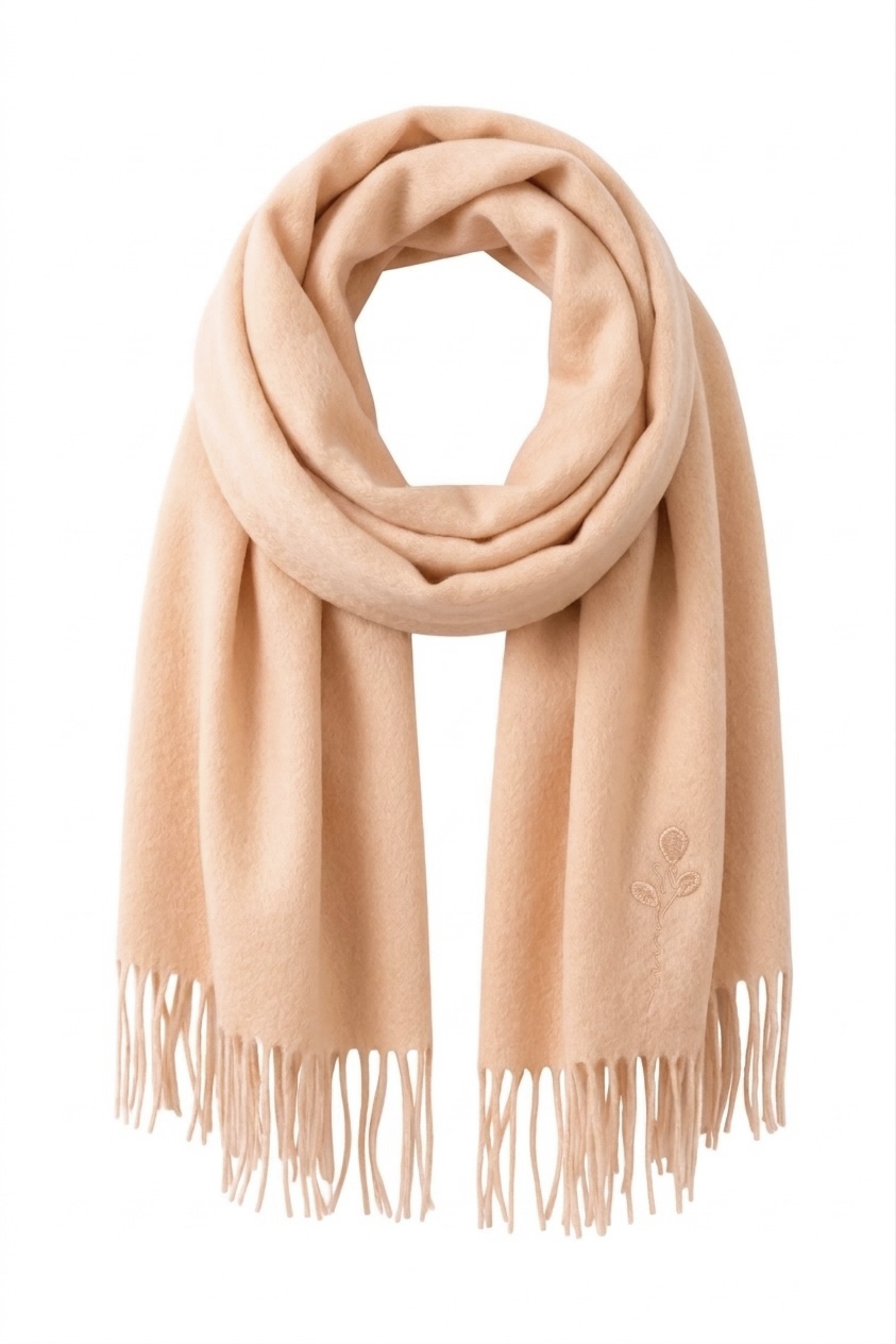 AI-generated image of the same beige scarf in a clean styled drape