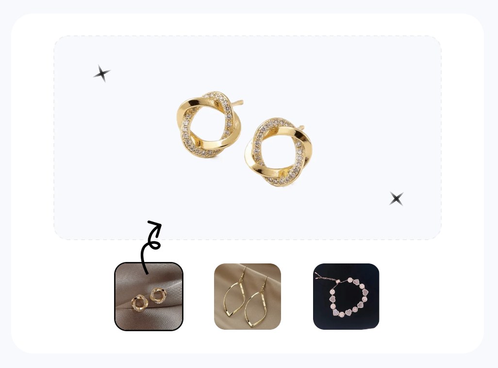AI accessory photography — a pair of gold stud earrings turned into a clean main listing image plus on-model and angle variations, generated from one source photo