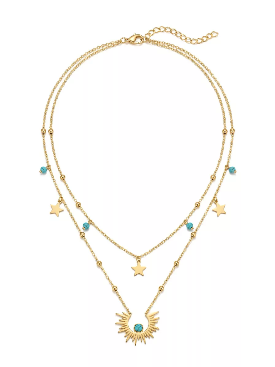 Snappyit Jewelry Retouch output — the same layered turquoise and gold necklace as a complete flat lay on white background, both chains untangled with clasp visible