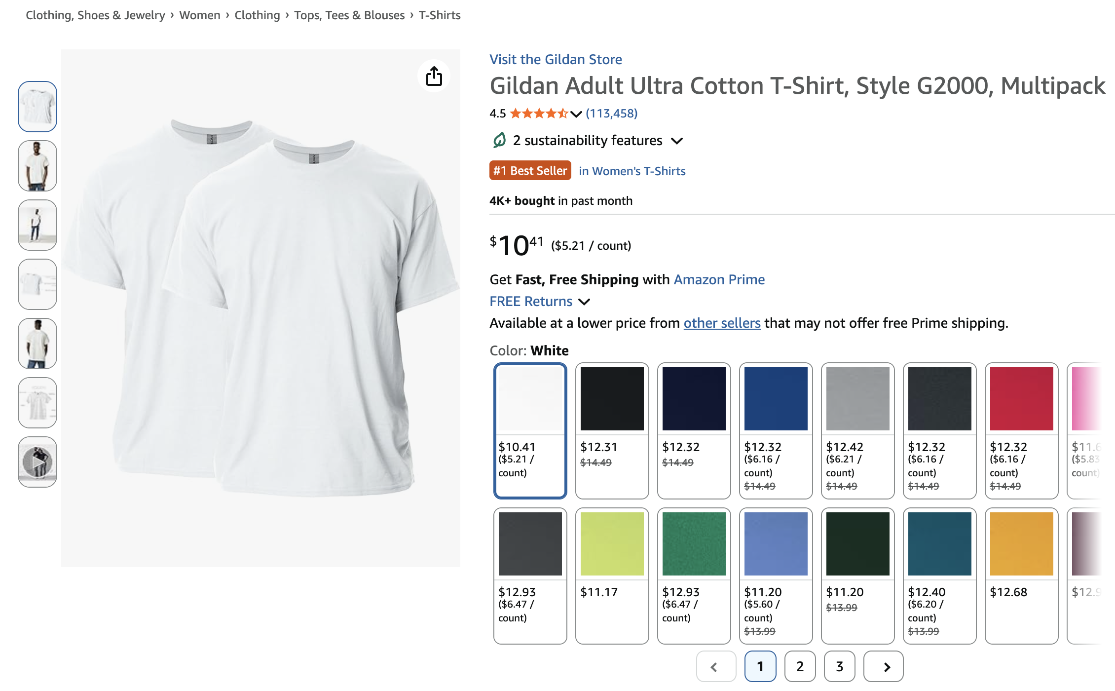 Cropped Amazon apparel listing showing a white-background main image, alternate-image thumbnails, and color variations