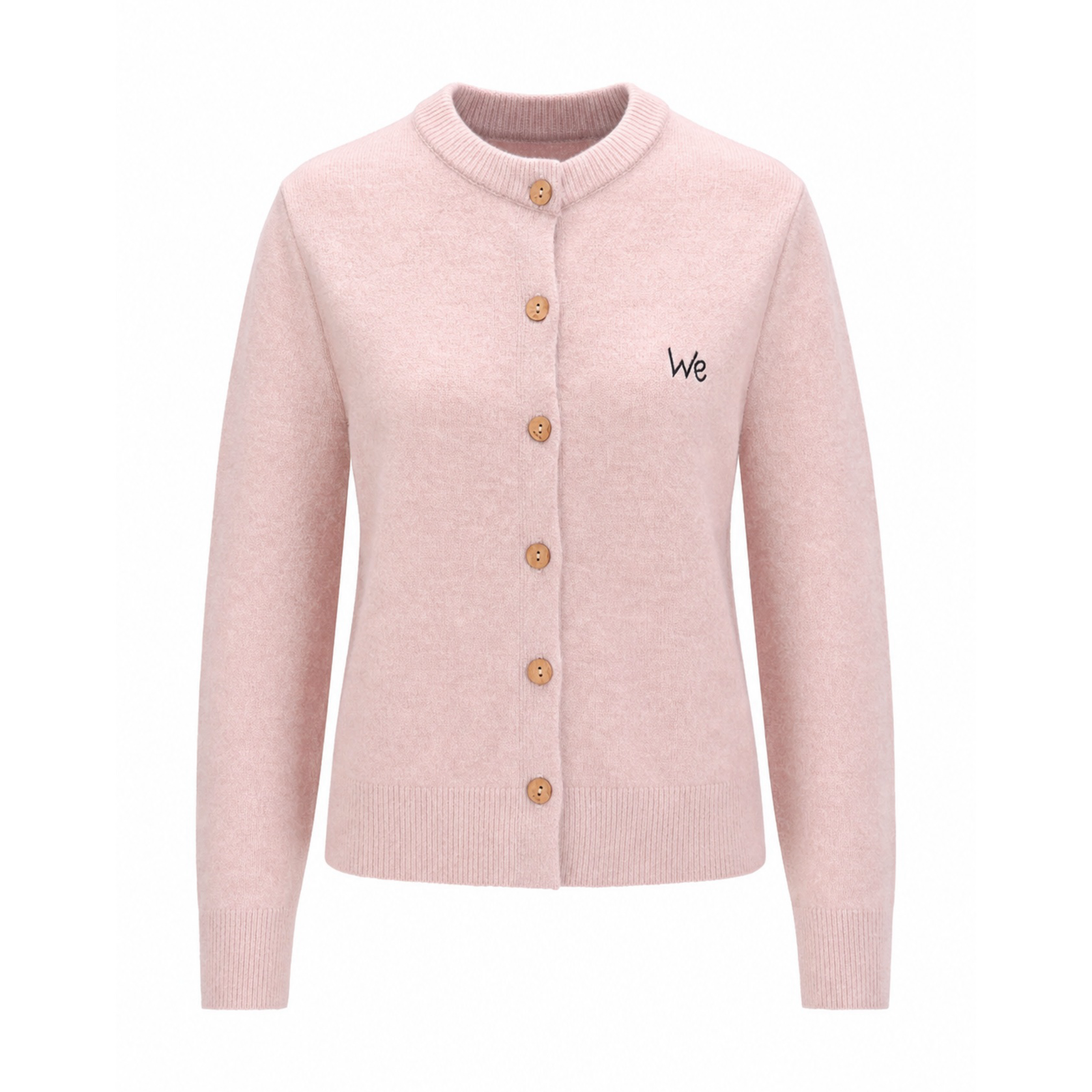 Cropped pink cardigan ghost-mannequin image on a pure-white background