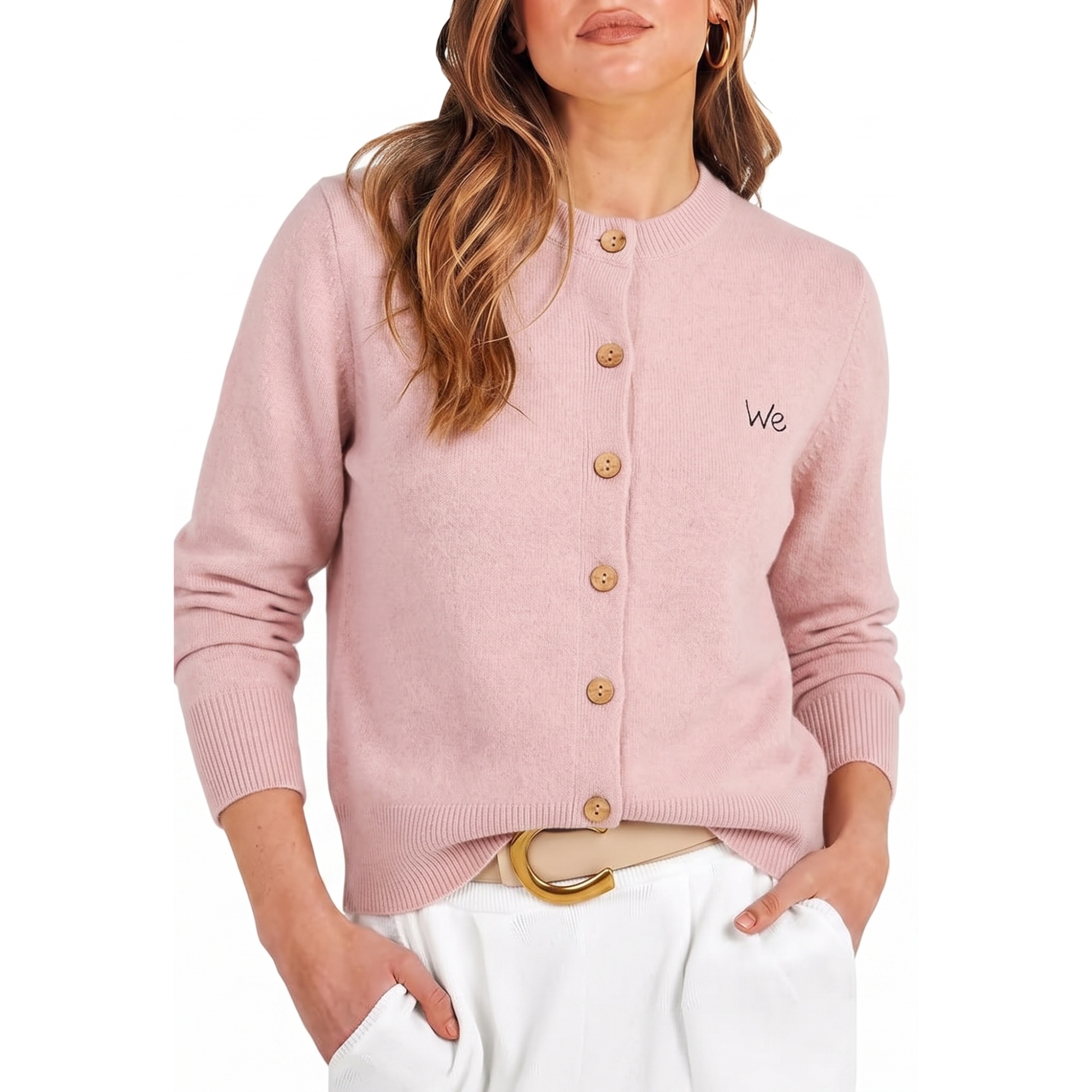 Pink cardigan shown on a model against a white background
