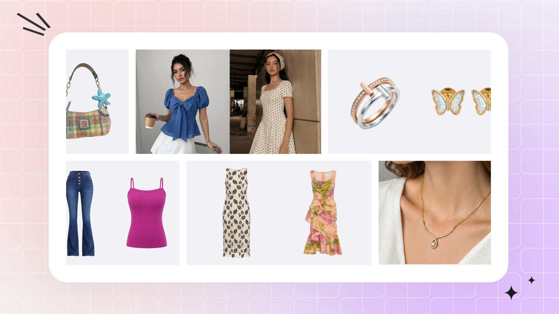 Amazon product image examples across apparel, accessories, jewelry, and model photography