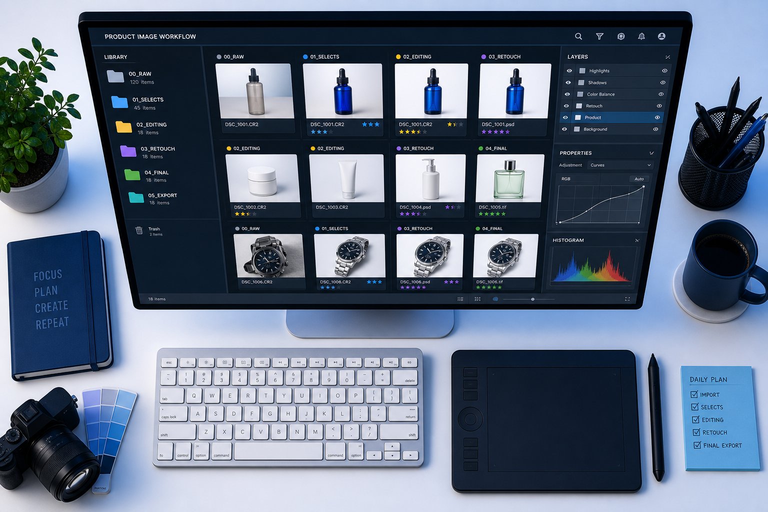 Catalog workflow organizing raw, selected, edited, and final product images