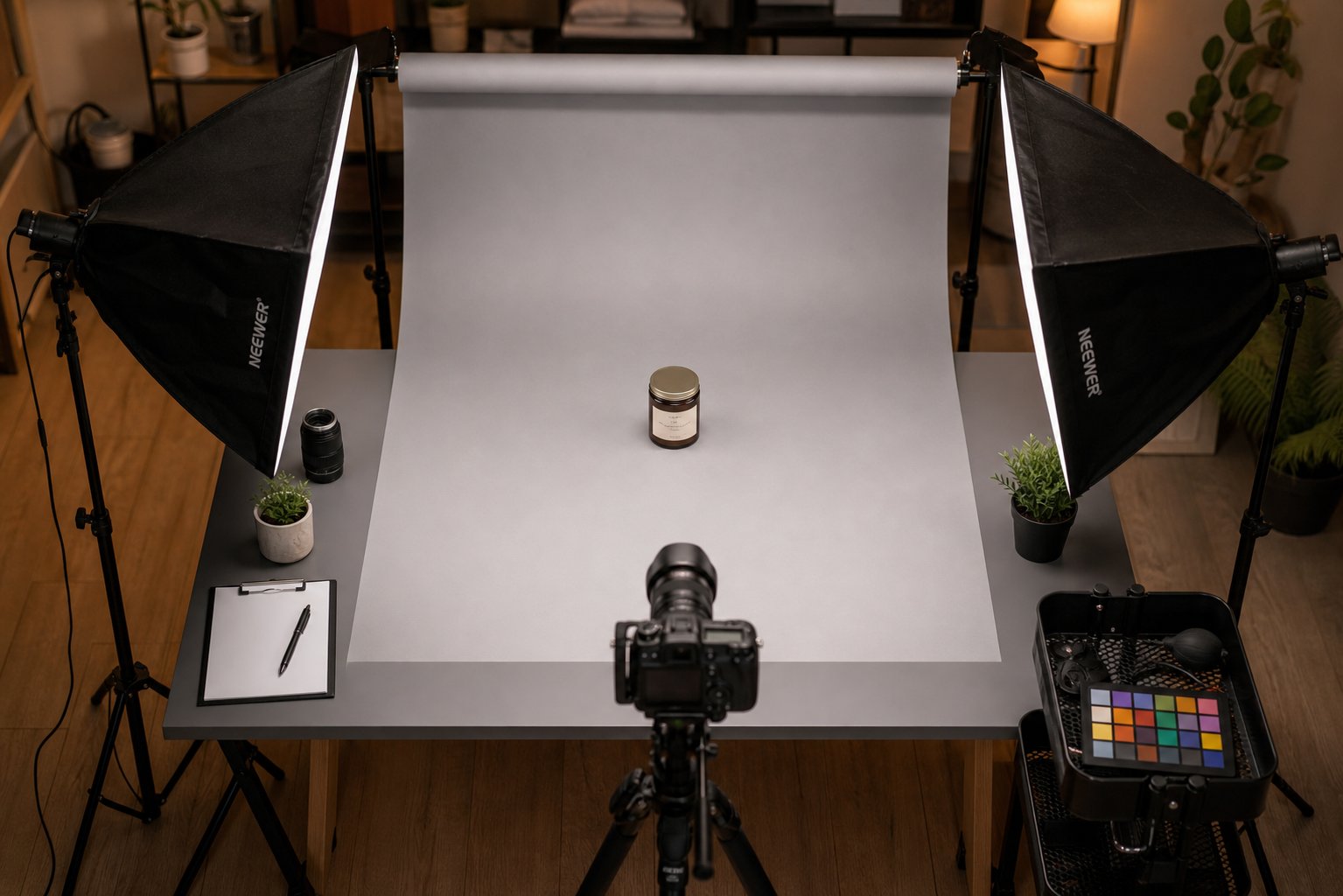 Product photography setup with even lights and a simple backdrop