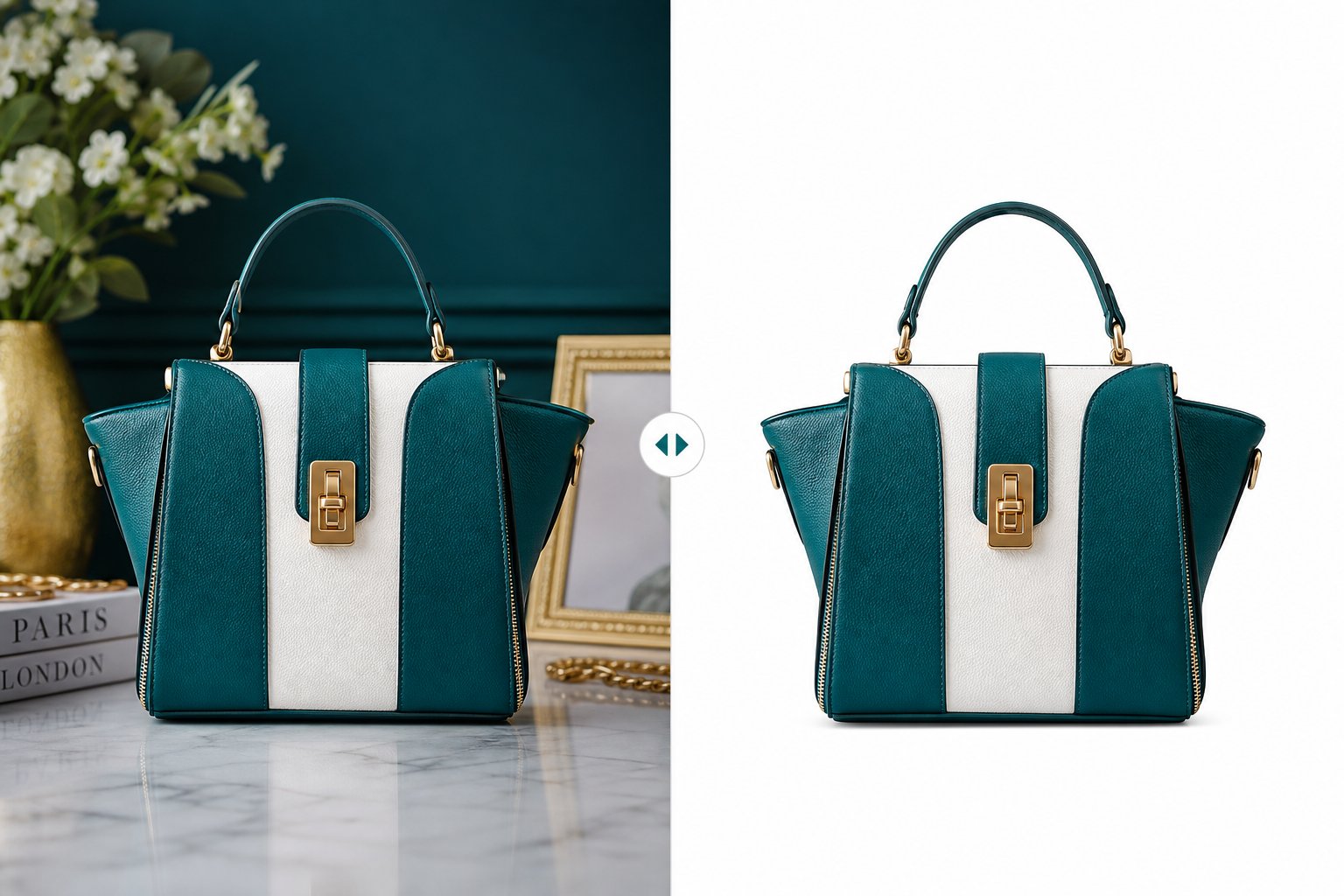 Handbag before and after product background removal
