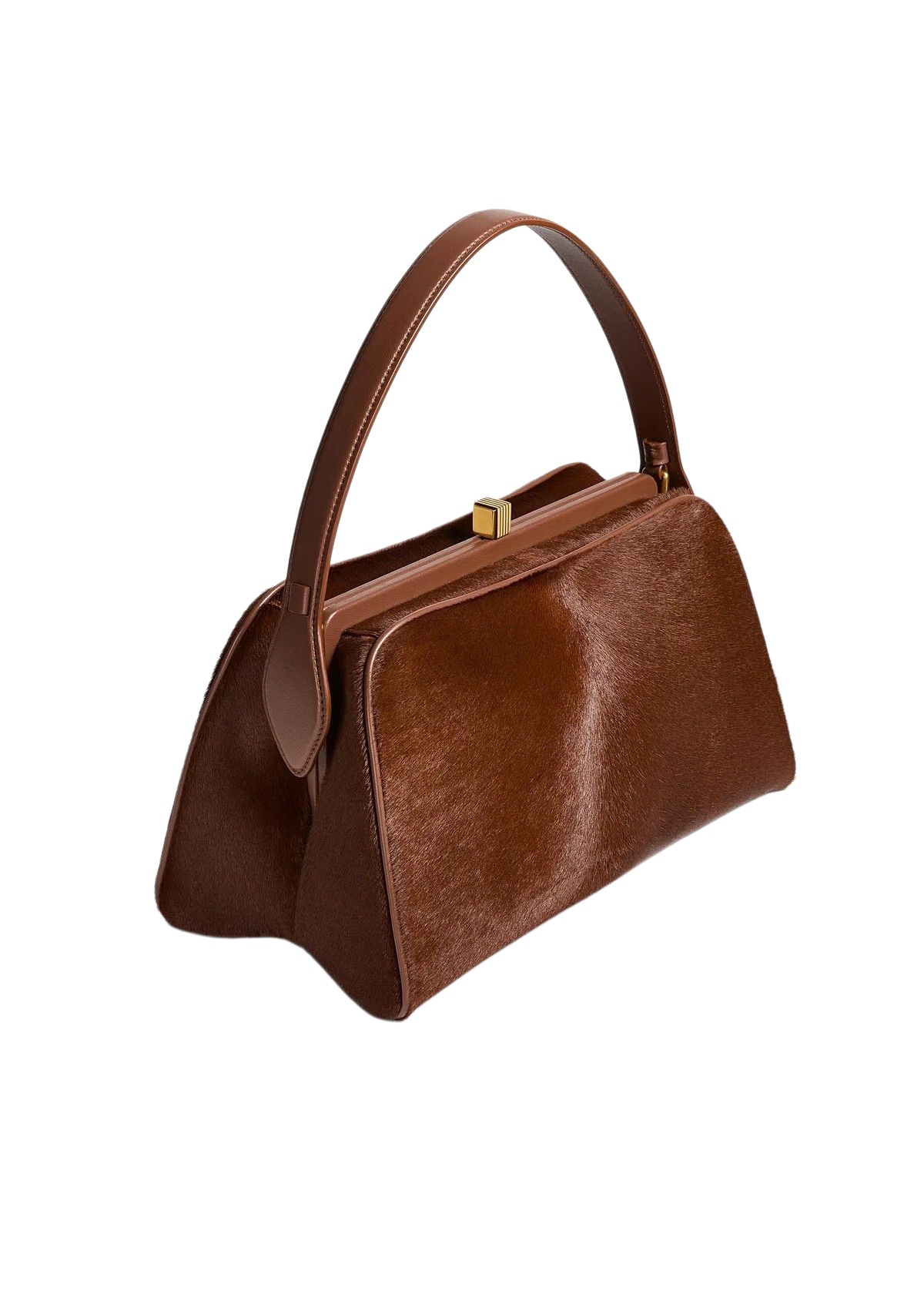 brown calf-hair top-handle bag photographed flat as a clean product shot — the single image you upload