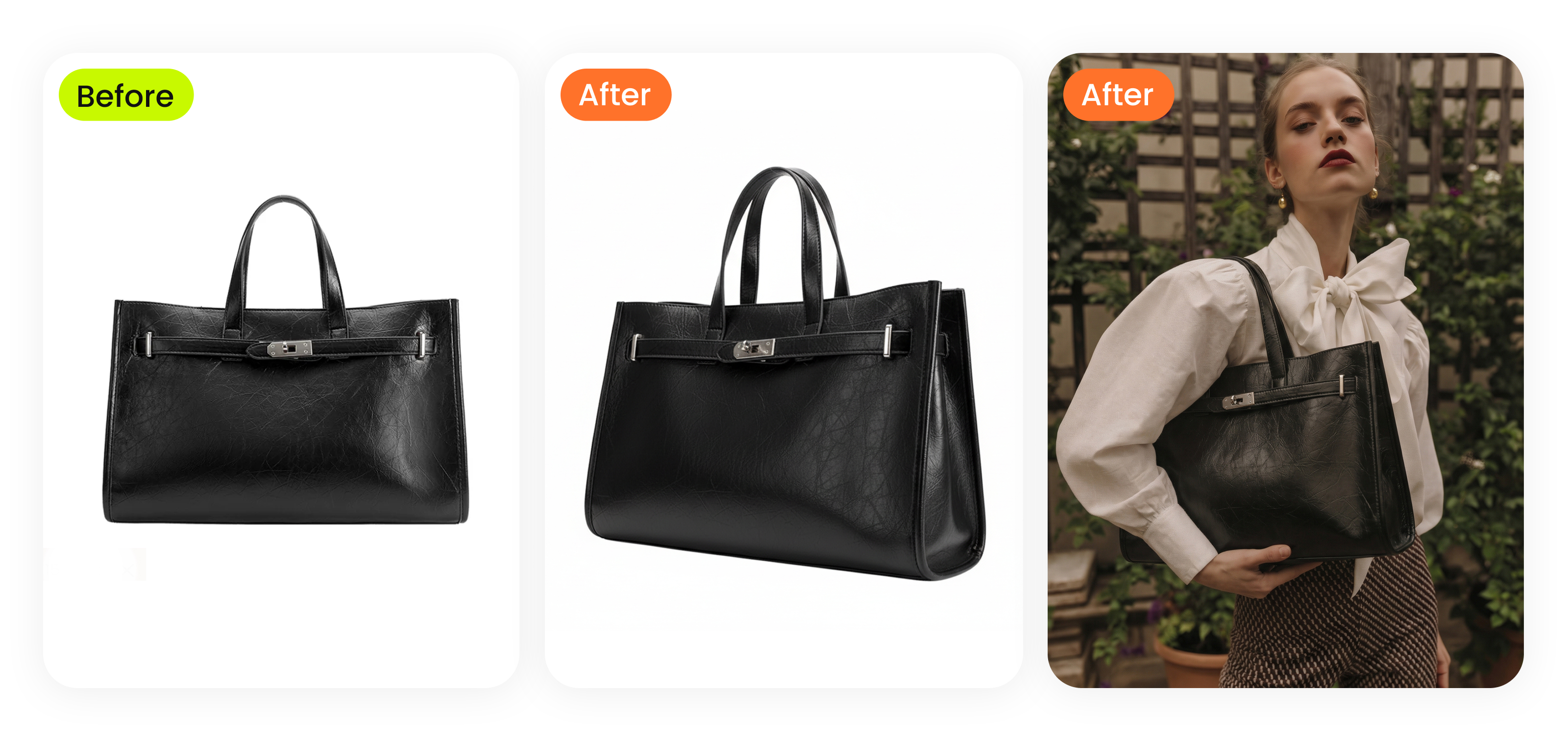 a black tote shown as a flat-lay, then a clean 3D product shot, then worn on-model — all generated from one phone photo with no shoot