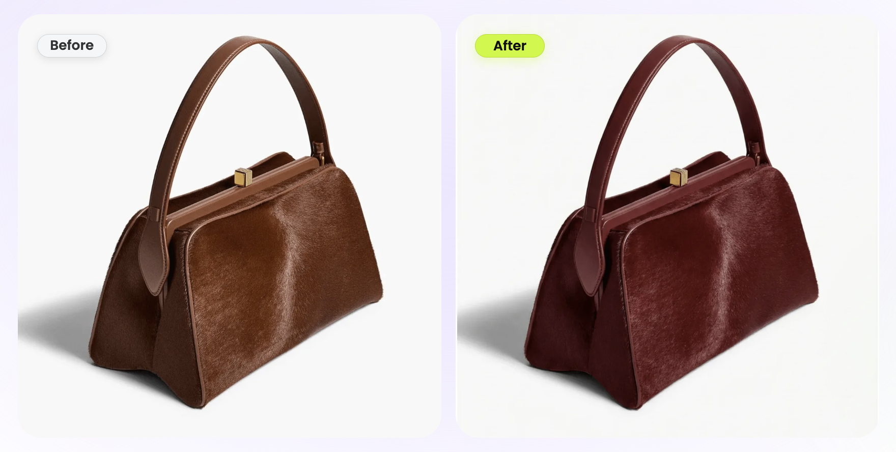 a calf-hair handbag recolored from tan to burgundy by AI, with material grain, stitching, and hardware preserved — before and after