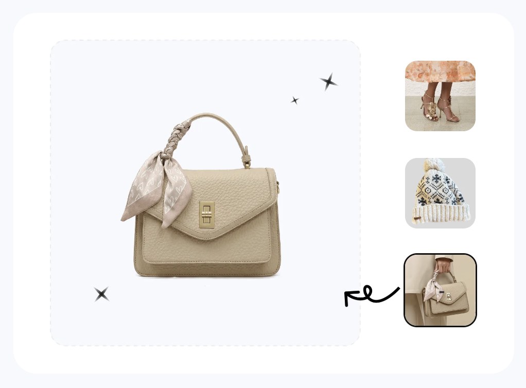 AI bag photoshoot — one beige top-handle handbag photo turned into a clean main listing image plus on-model and angle variations, generated from a single source photo