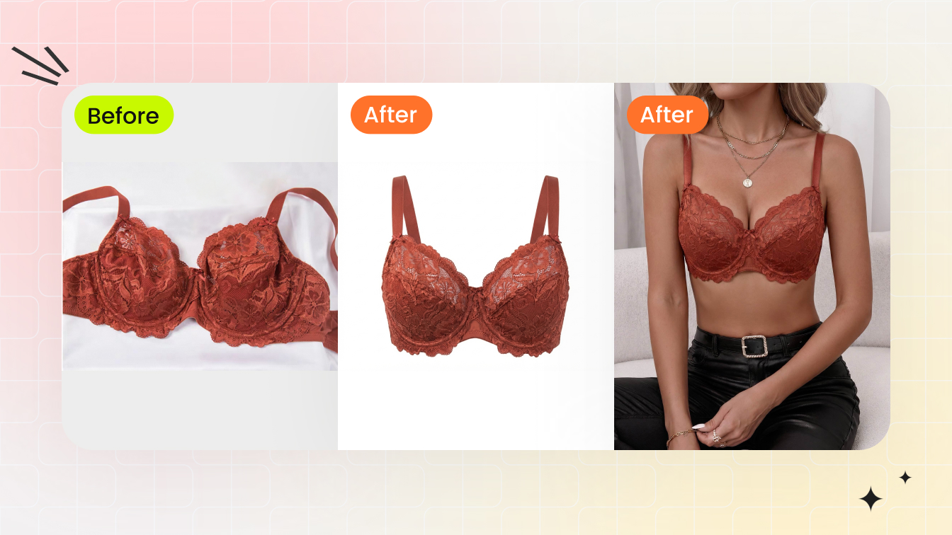 Lingerie flat lay transformed into ghost mannequin and AI model images