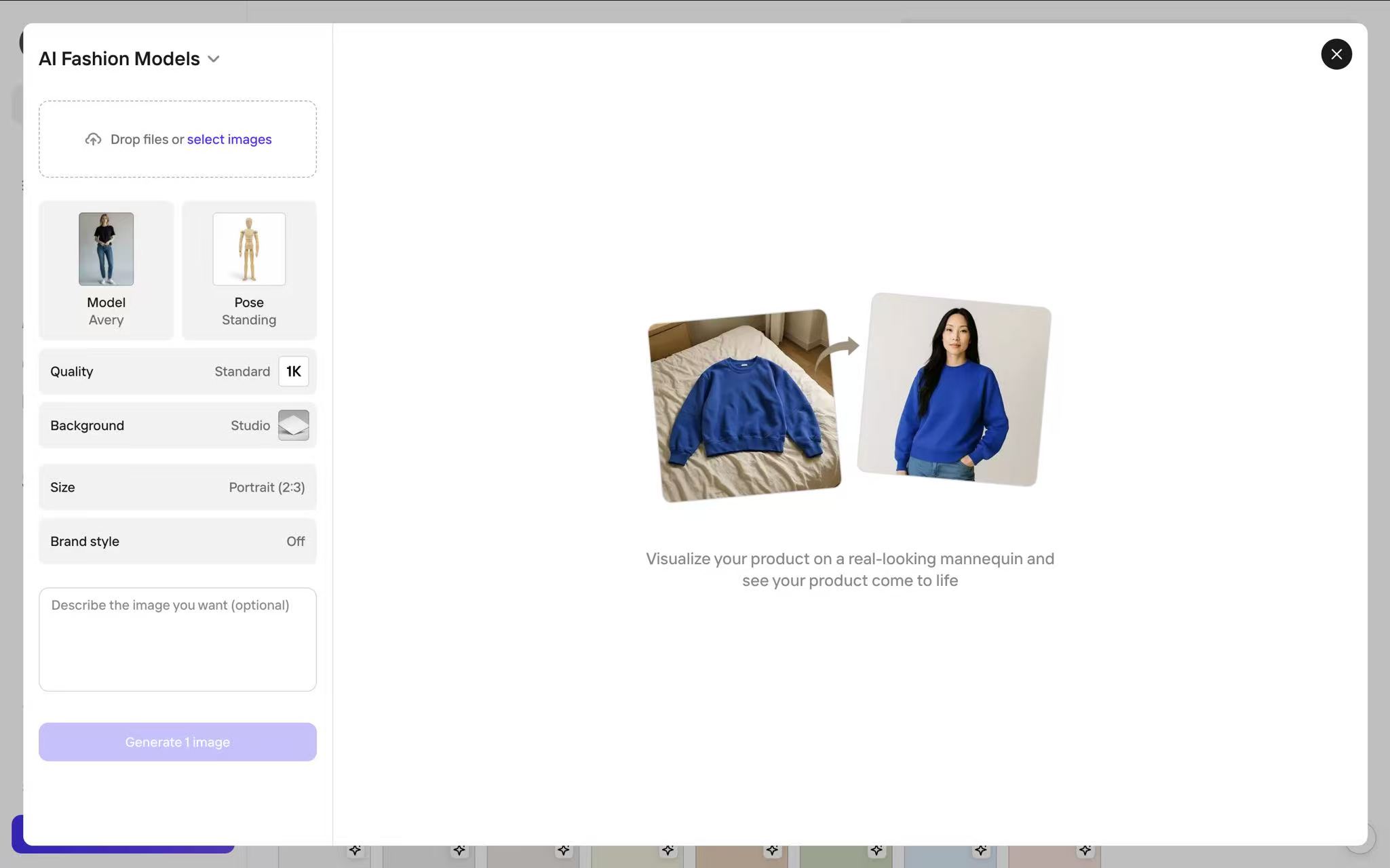 The Photoroom Virtual Model workspace for generating on-model product photos