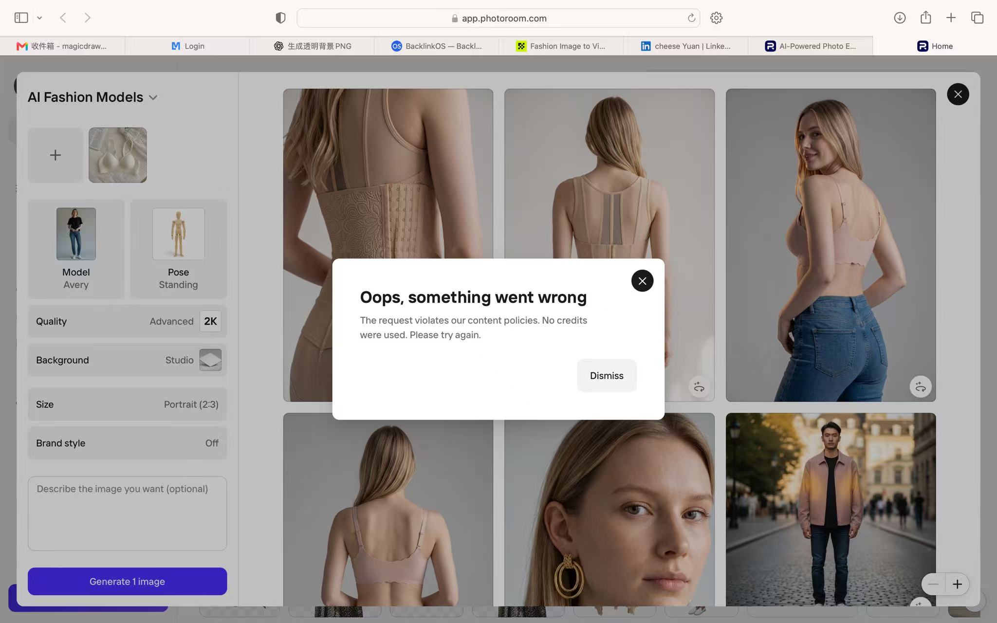 Photoroom refusing to generate a lingerie upload with a content policy error
