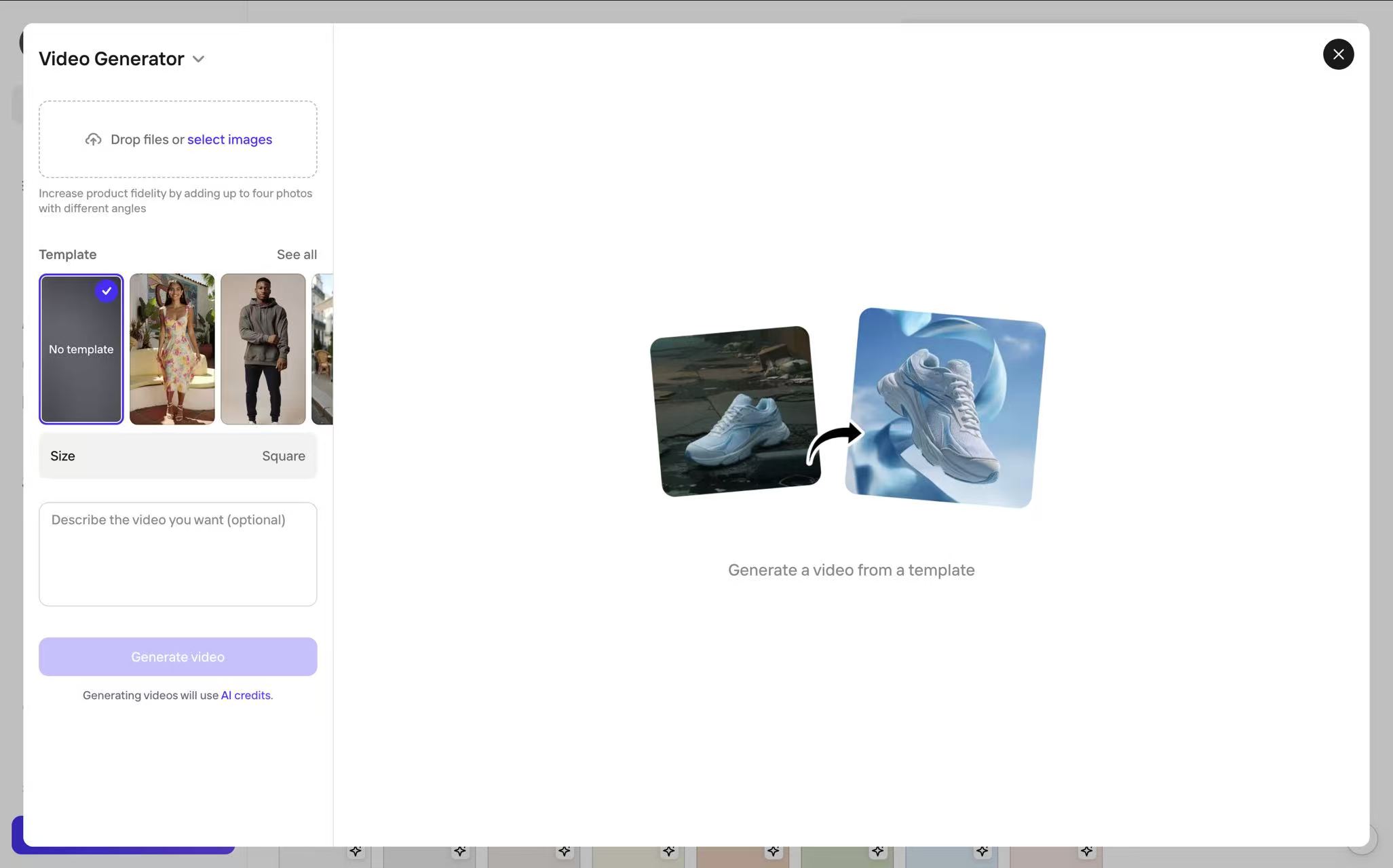The Photoroom video generation workspace