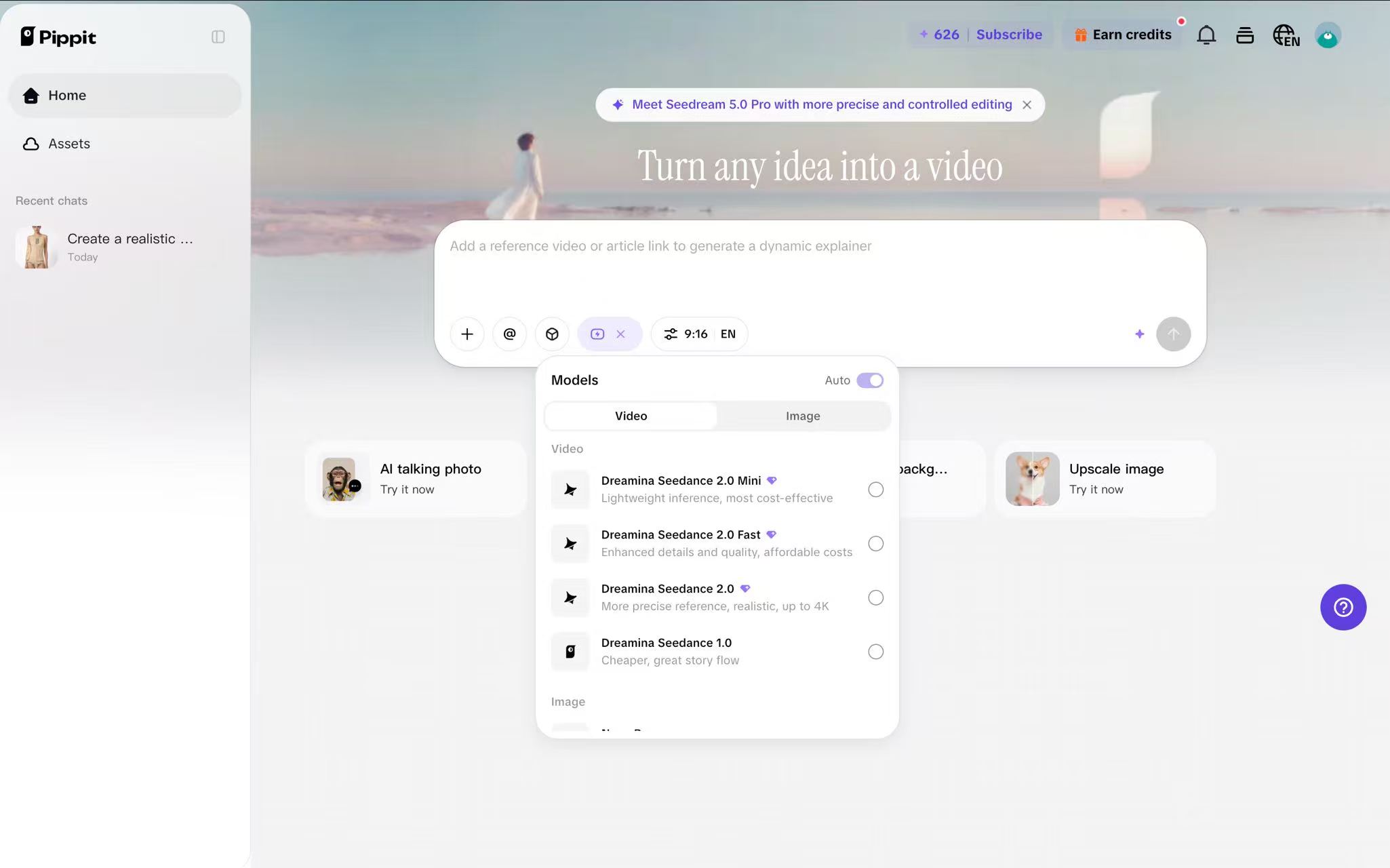 The Pippit video generation workspace