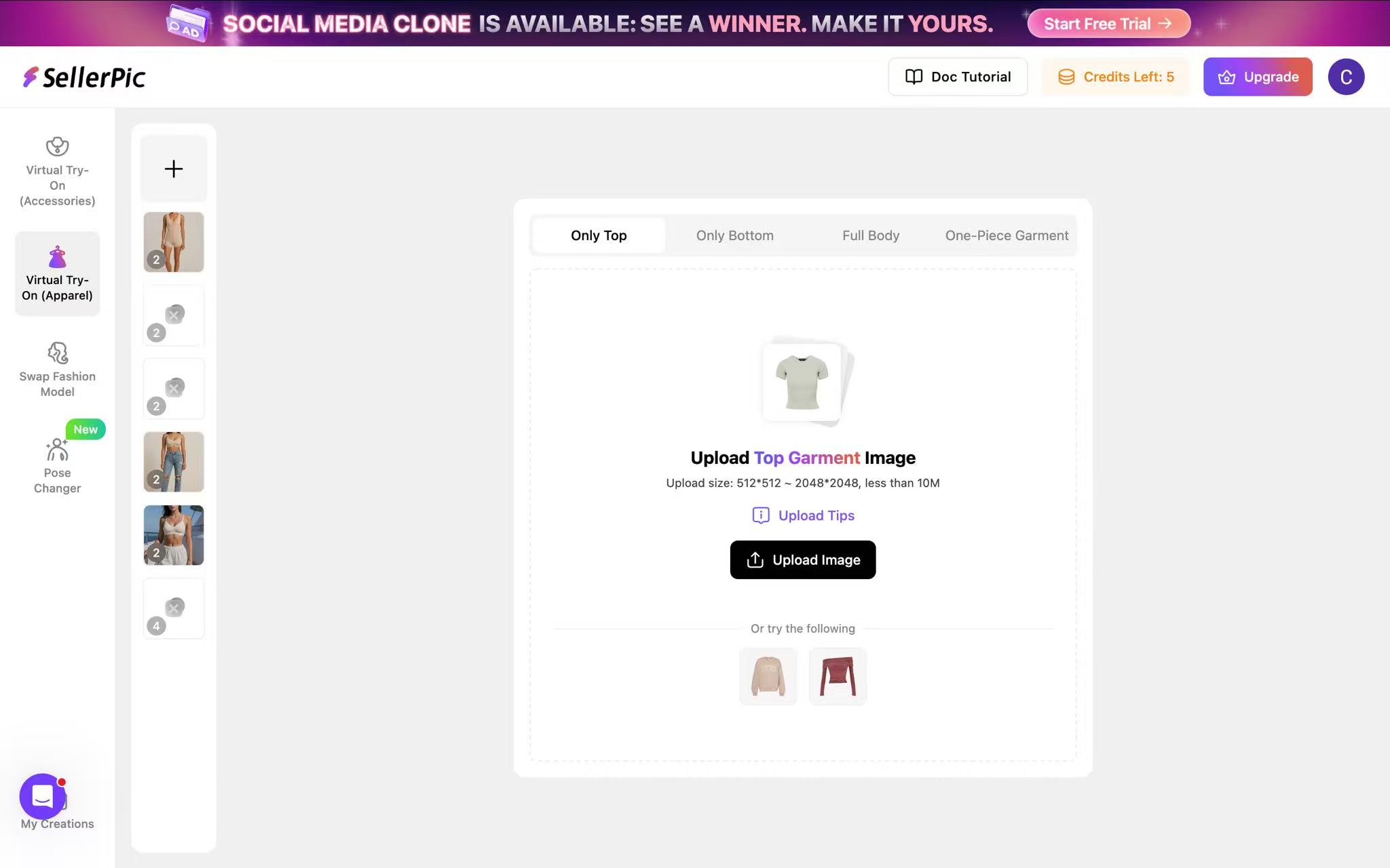 The SellerPic workspace for generating on-model product photos