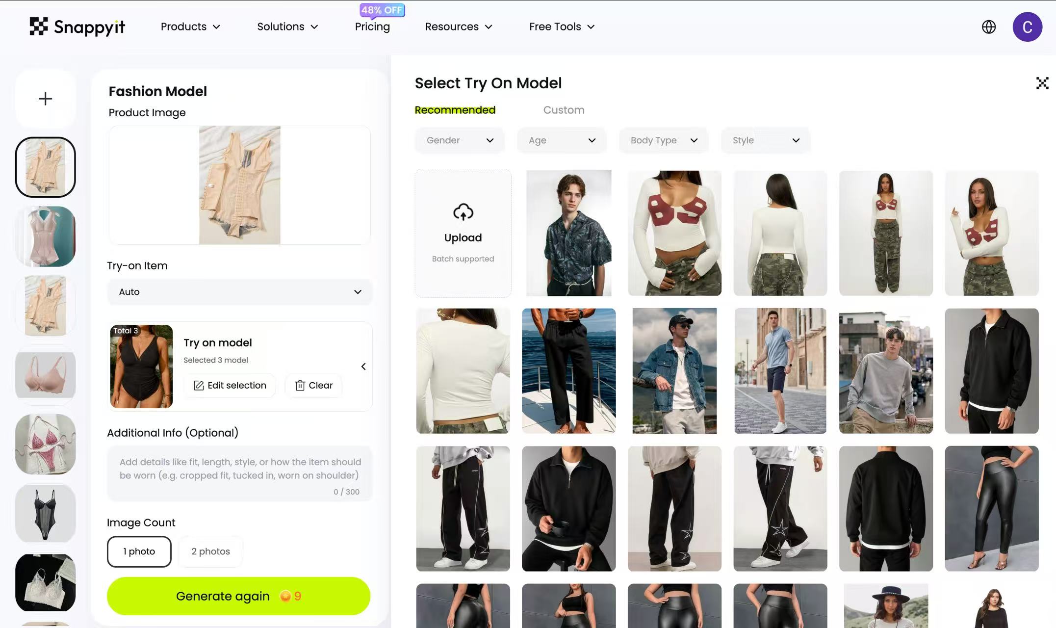 The Snappyit workspace for generating on-model lingerie photos