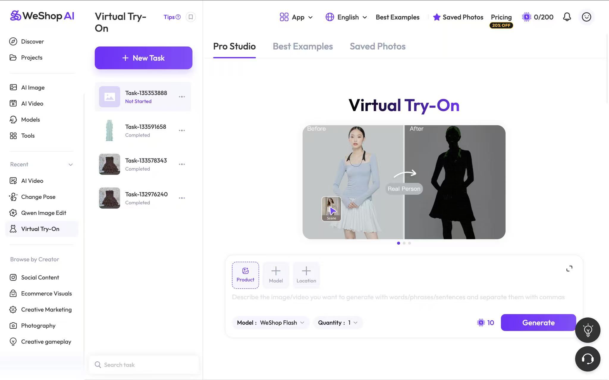 The WeShop workspace for generating on-model product photos