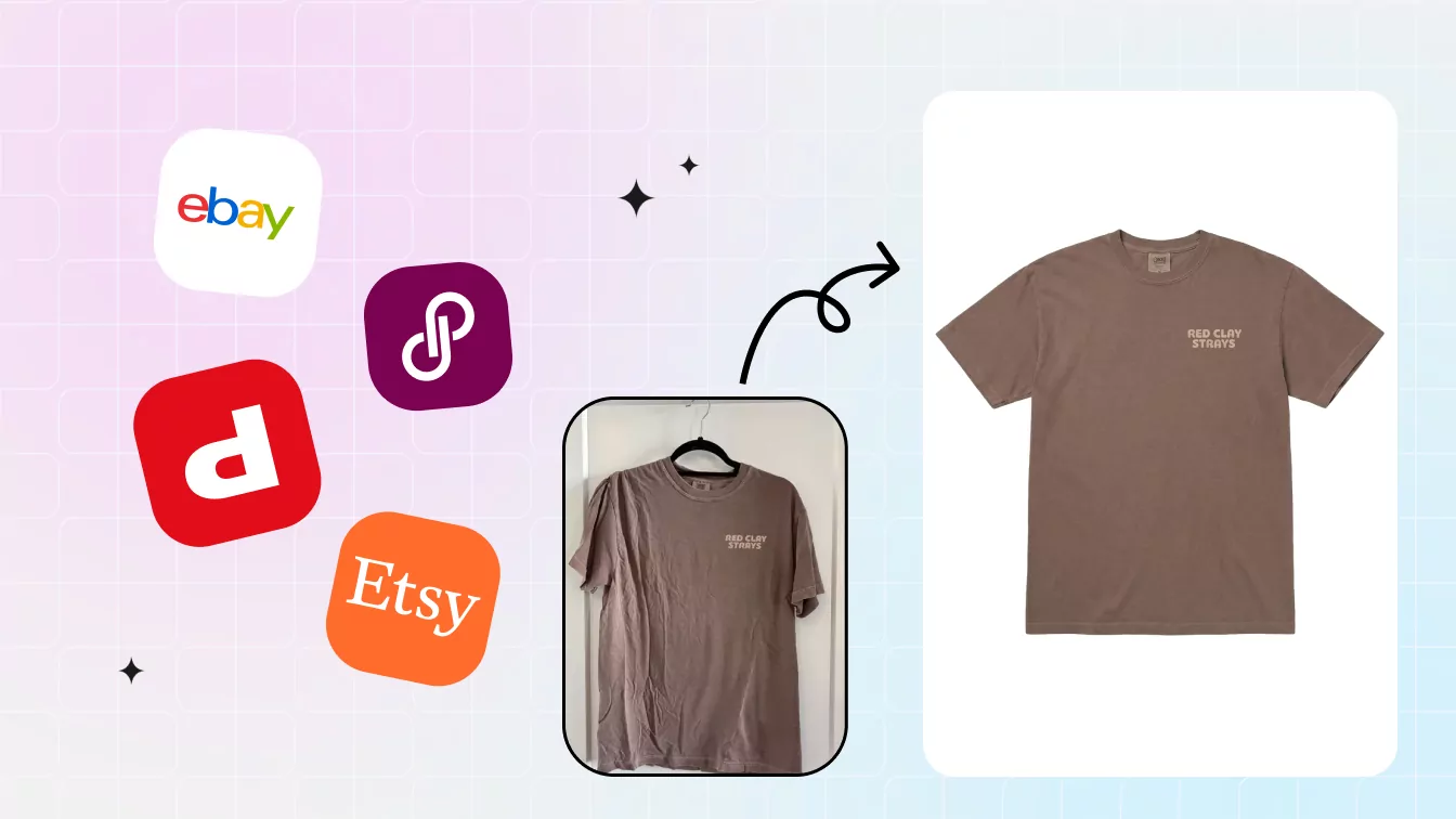 Brown T-shirt prepared for resale listings on eBay, Poshmark, Depop, and Etsy