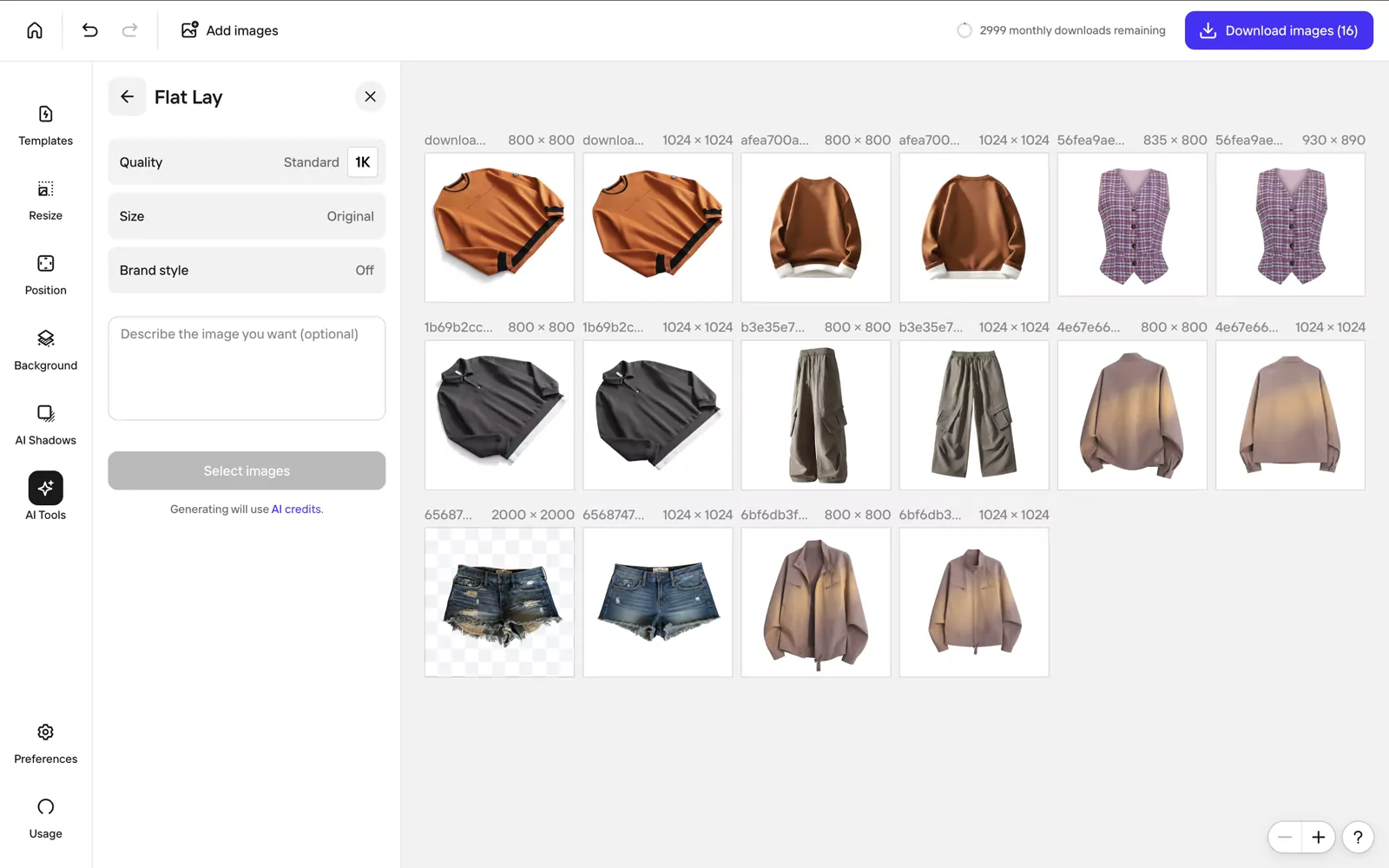 PhotoRoom Flat Lay test with eight source garments and generated results