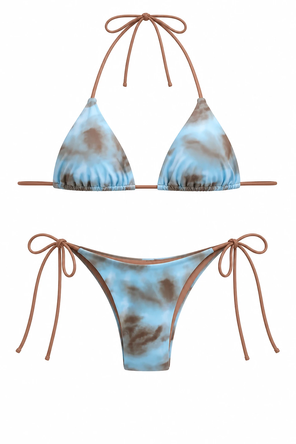 Ghost mannequin view of the blue-and-brown bikini