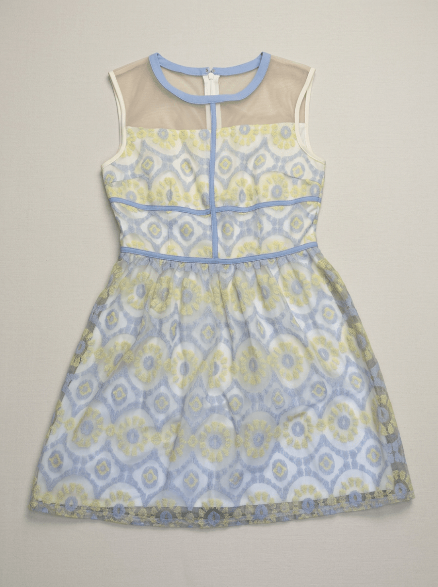 Source flat-lay photo of a blue and yellow patterned dress