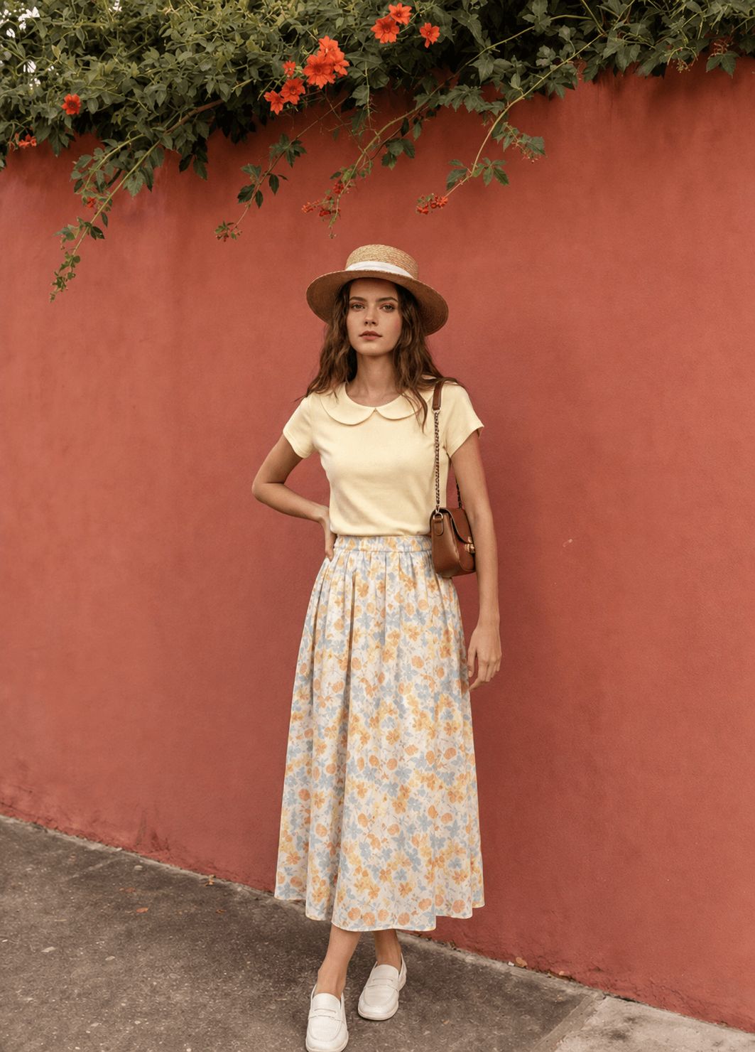 Generated model wearing a yellow top and floral skirt