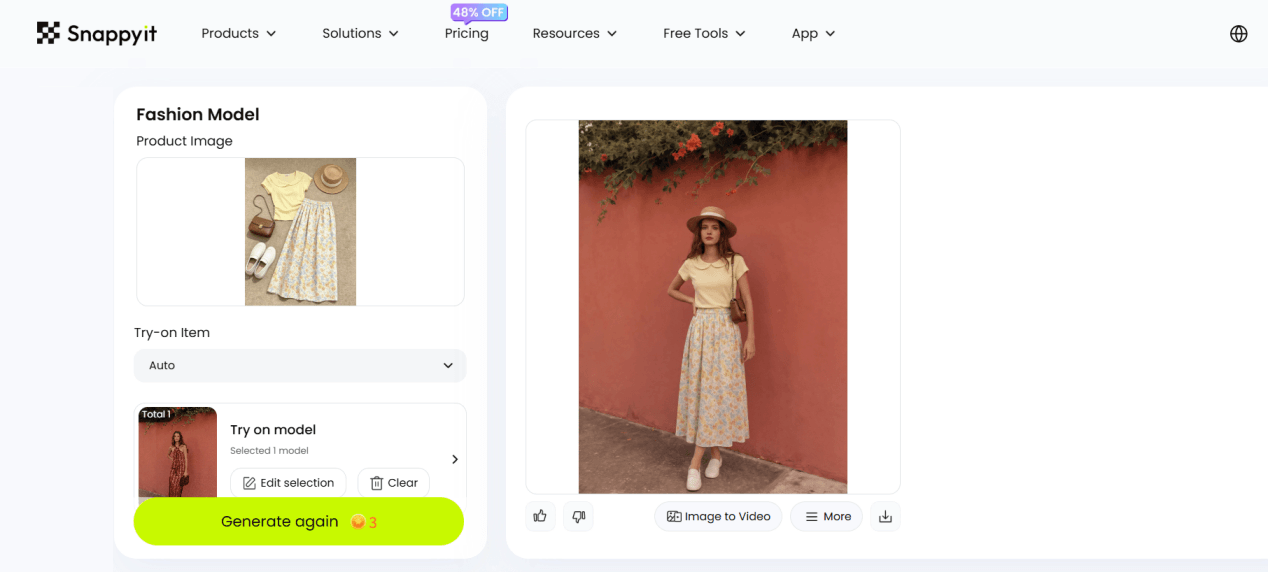 Snappyit Fashion Model workbench with a garment and generated model result
