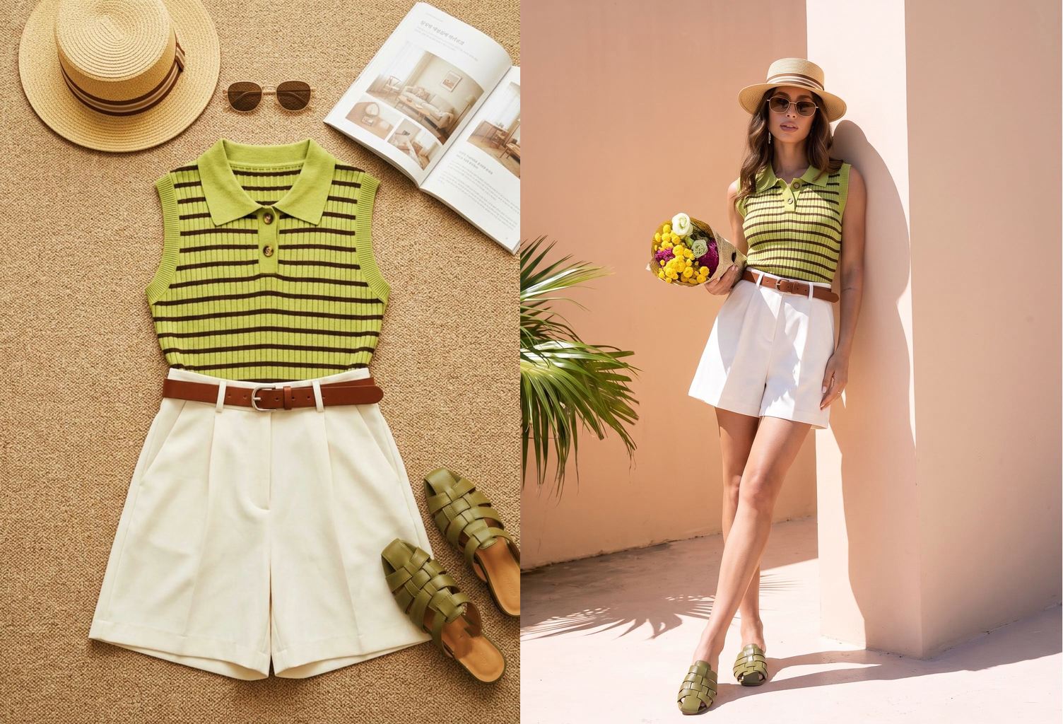 Before-and-after view of a green striped outfit and its AI fashion model result