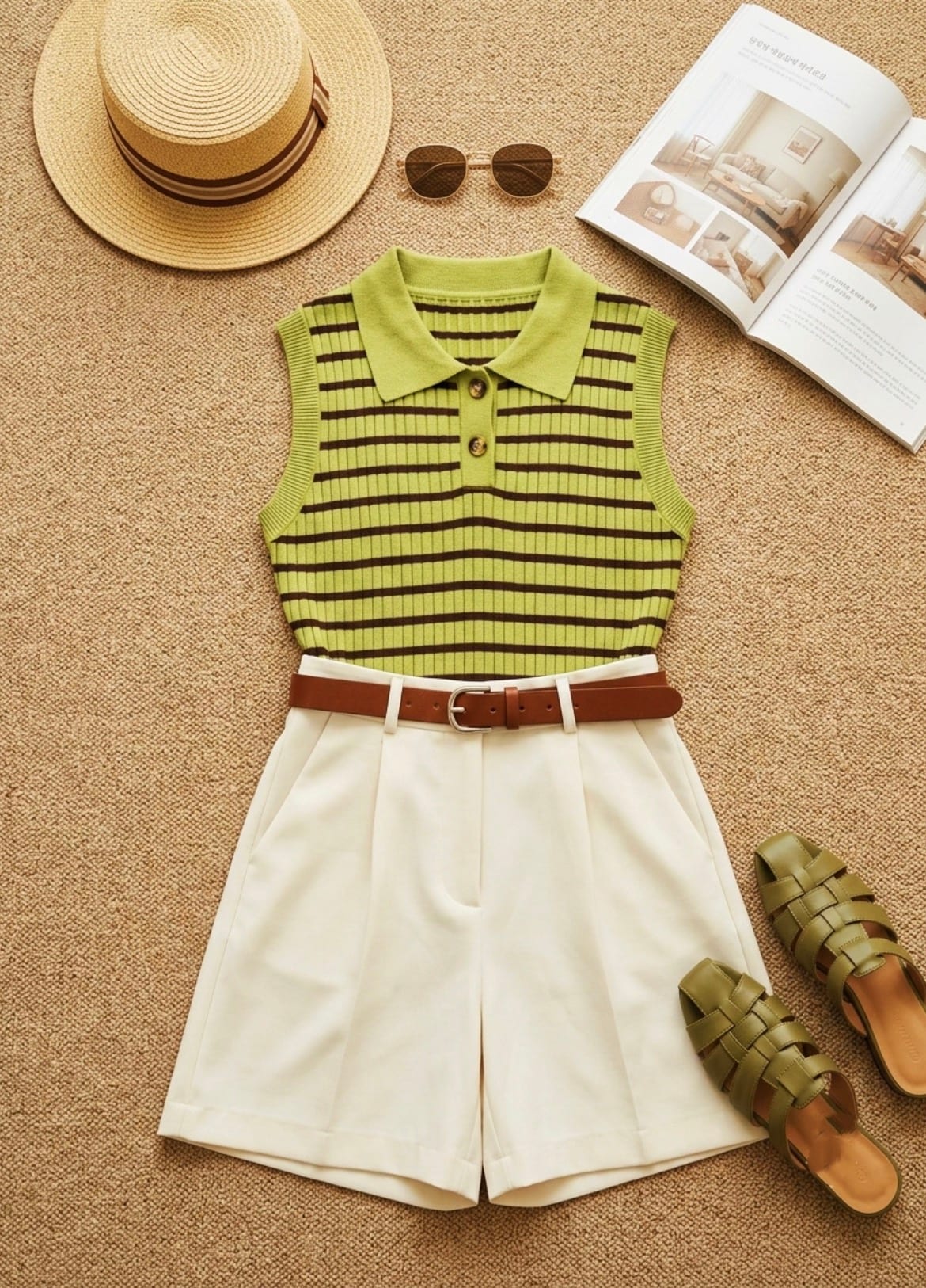 Original flat-lay photo of a green striped top and white shorts
