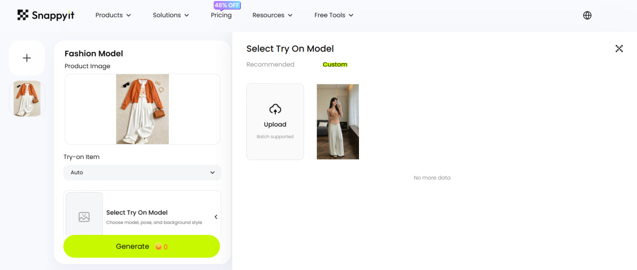Snappyit Fashion Model workspace with a custom selfie selected for outfit try-on