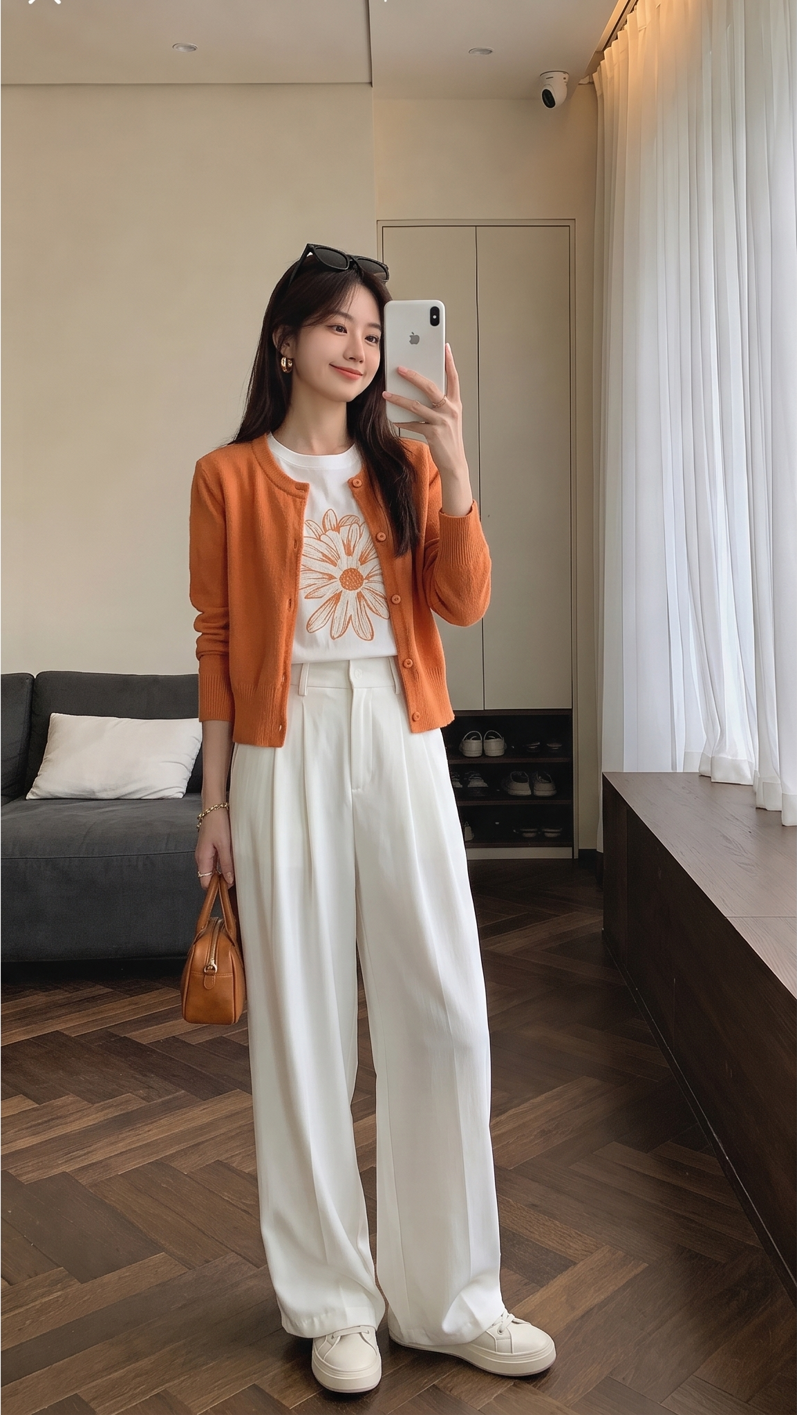 Custom model wearing the orange cardigan and white trousers