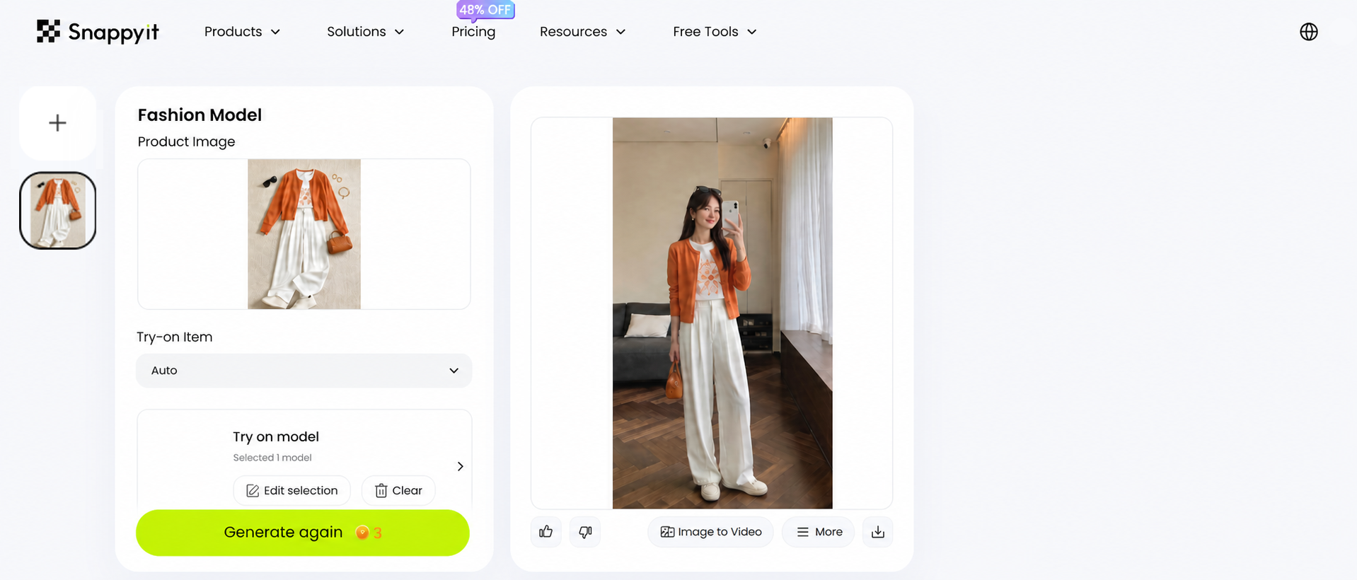 Snappyit Fashion Model workspace showing an orange outfit preview