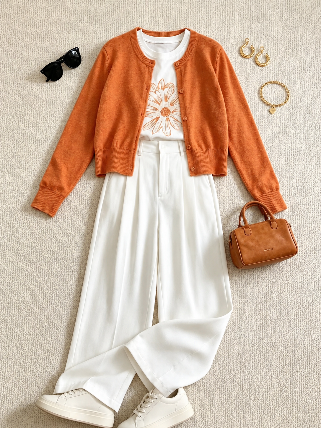 Orange cardigan, white trousers and accessories used as the outfit reference