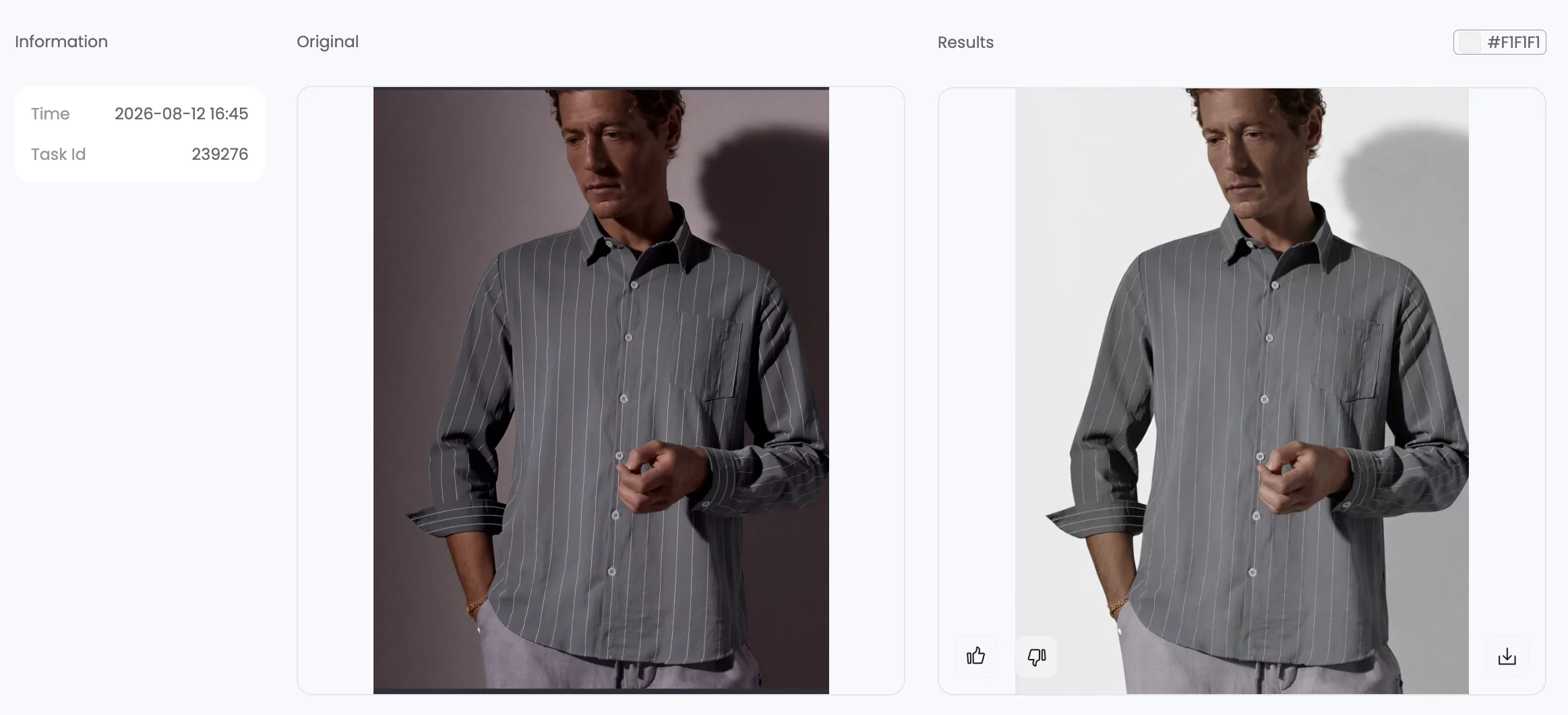 Before and after AI background color change from a warm dark wall to light gray while retaining natural subject lighting and shadow