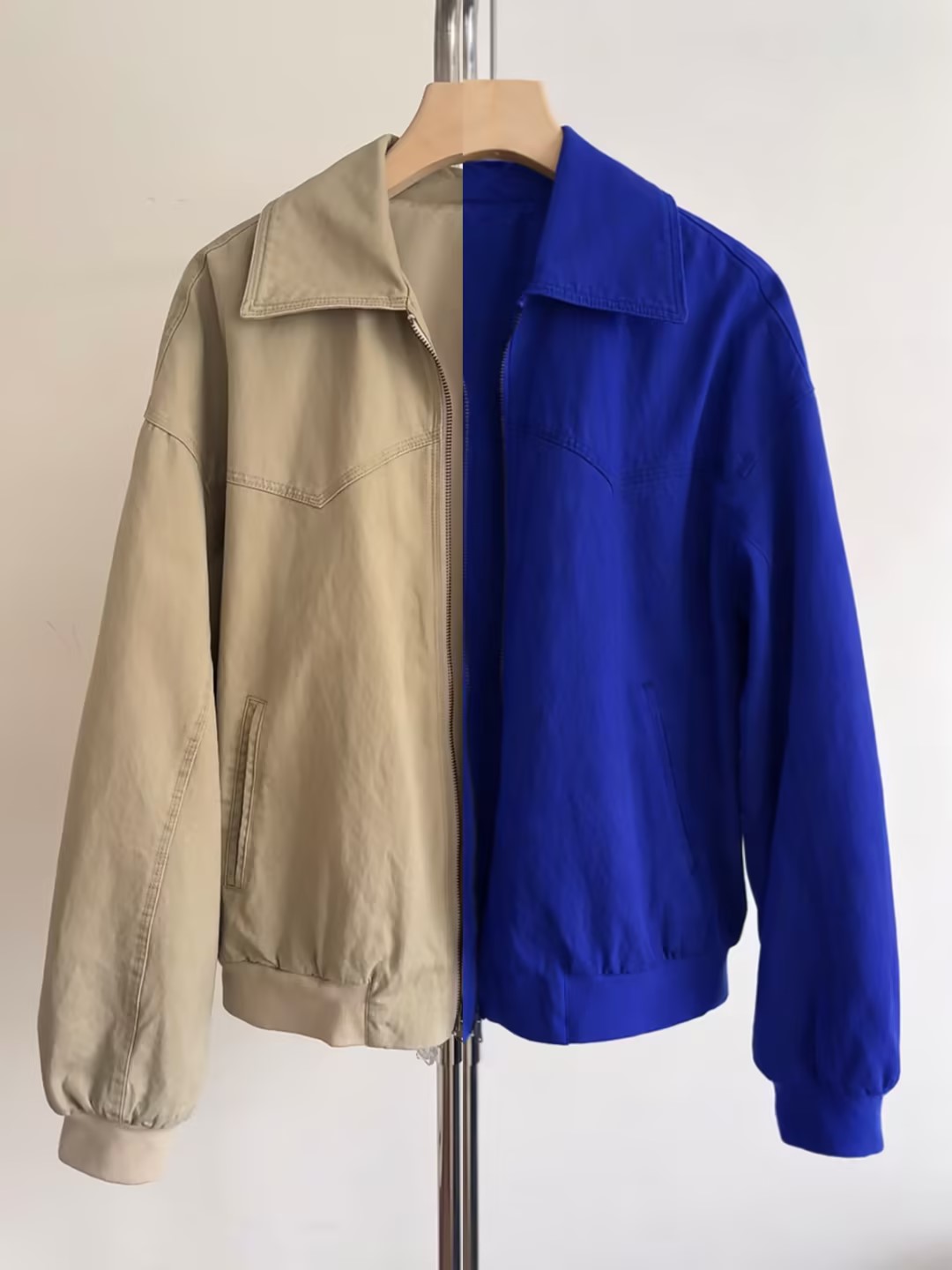 Khaki jacket recolored royal blue with stitching preserved