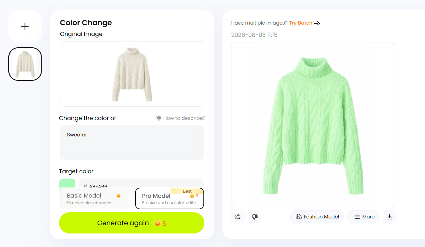 Snappyit Color Change interface with mint sweater result
