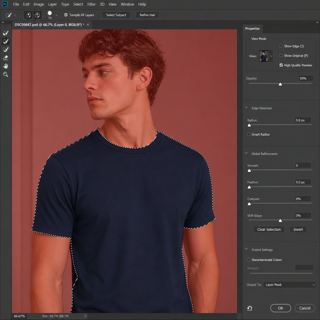precise shirt selection using select and mask ensures clean edges without color spill