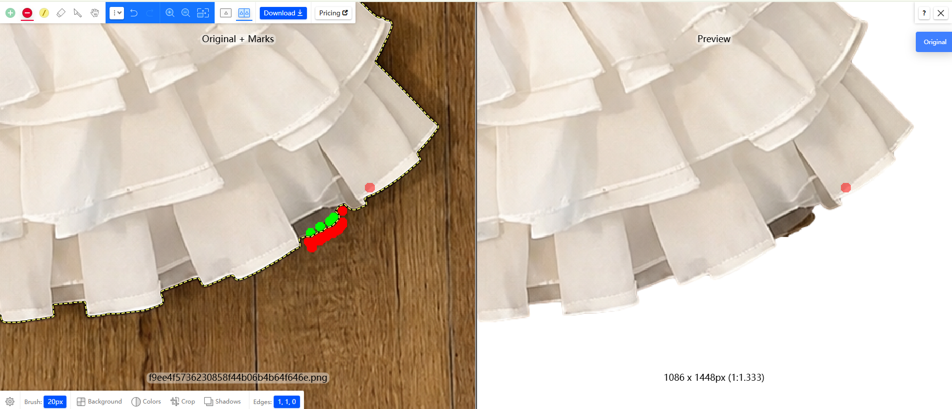 Clipping Magic green and red corrections around the ruffled hem