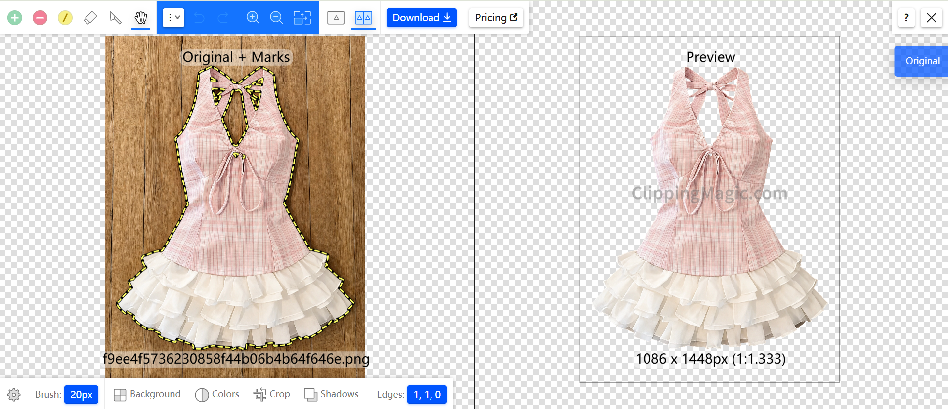 Clipping Magic workspace with green and red marks beside the preview