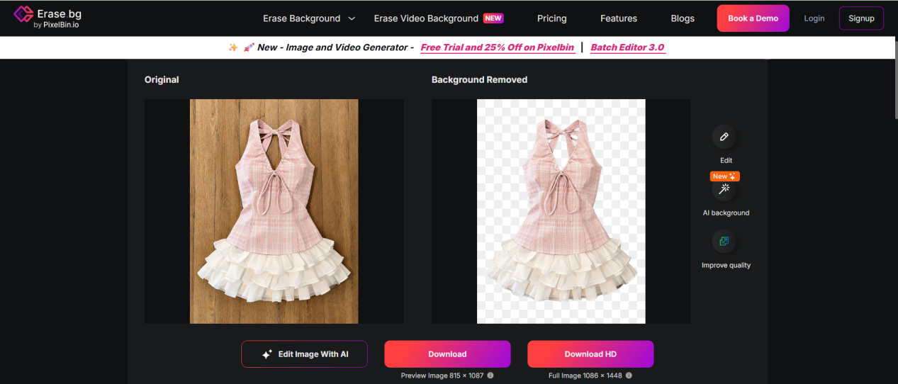 Erase.bg workspace comparing the source with the cutout preview
