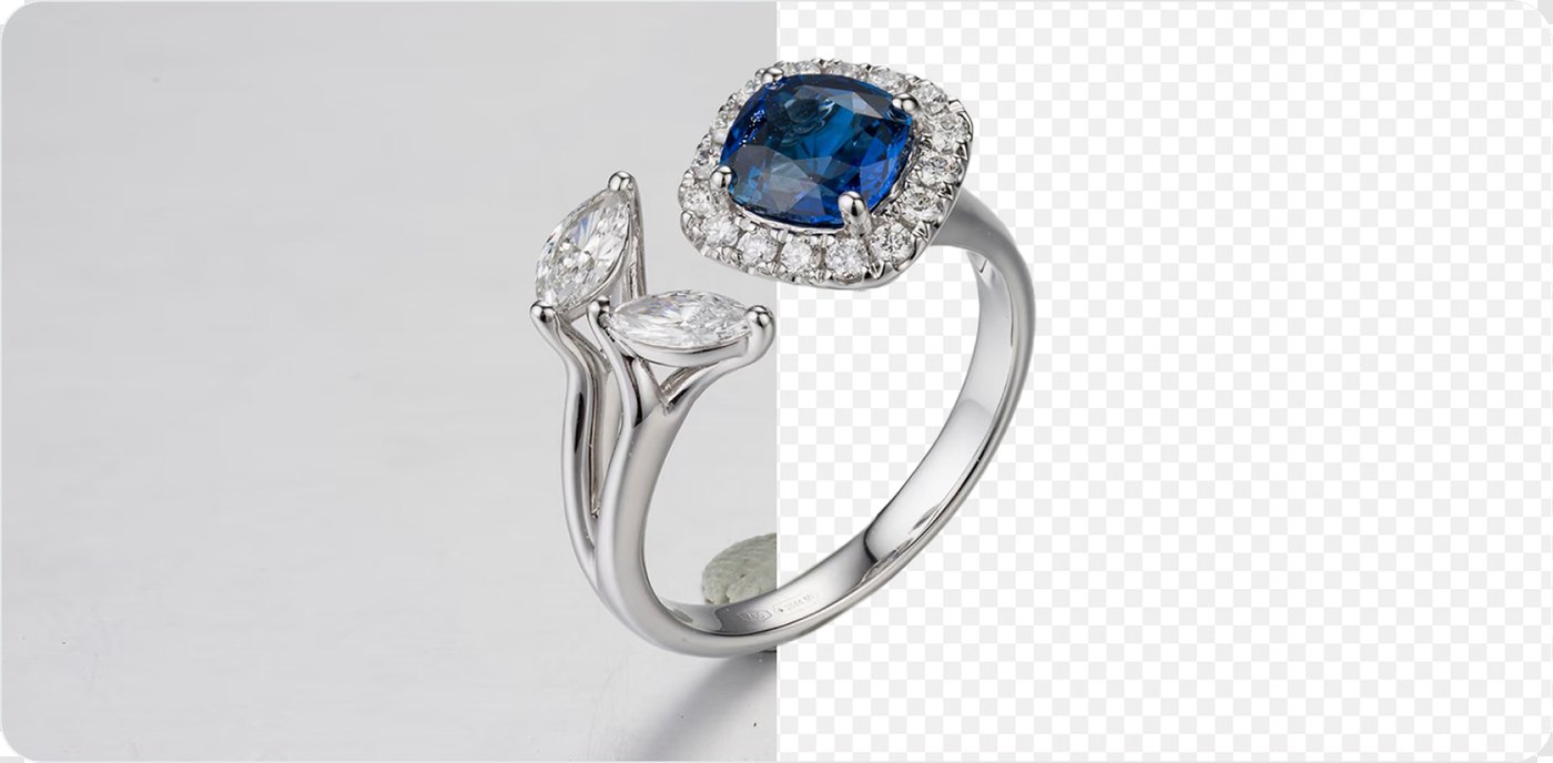sapphire ring cutout with prongs and pave edges kept intact — the precision the green/red brush protects