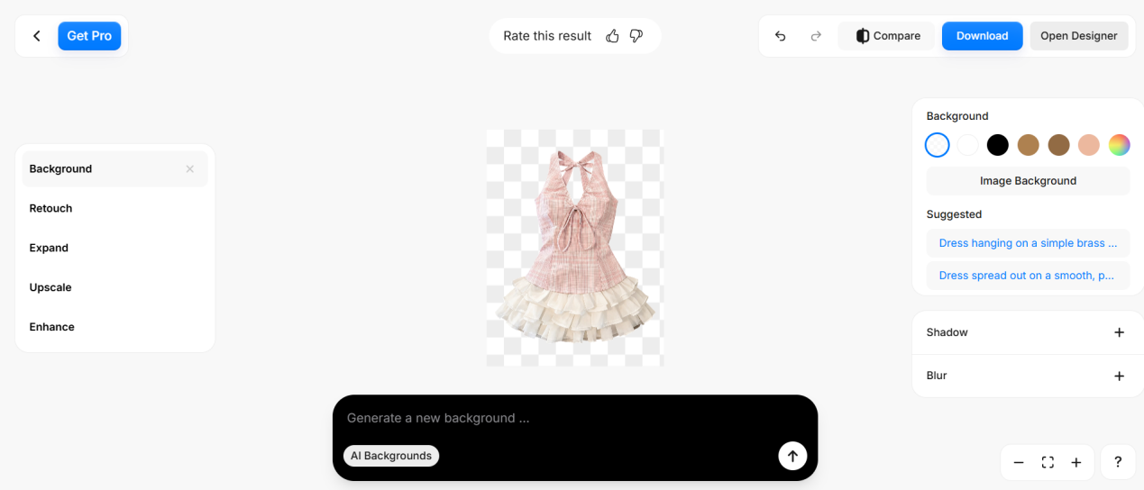 Pixelcut workspace with cutout and background editing controls