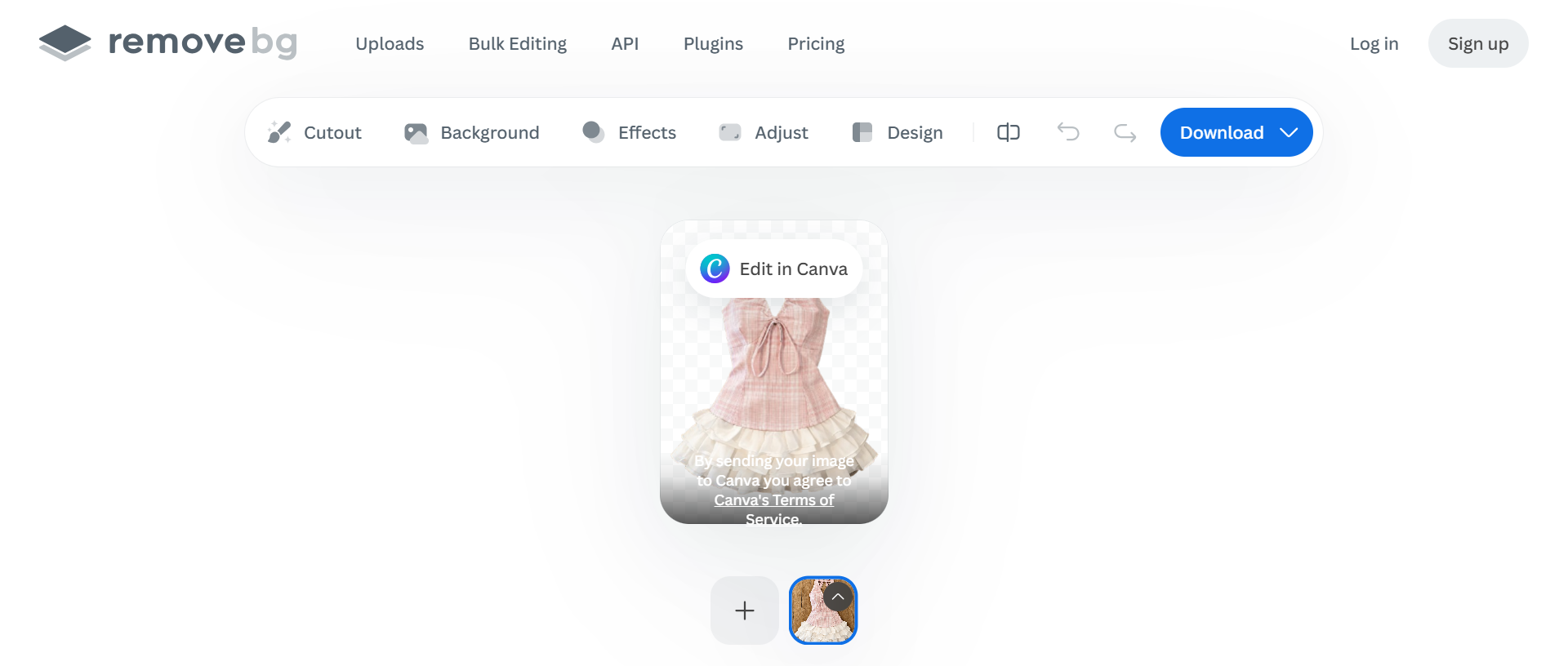 remove.bg workspace with the automatic cutout and edit controls