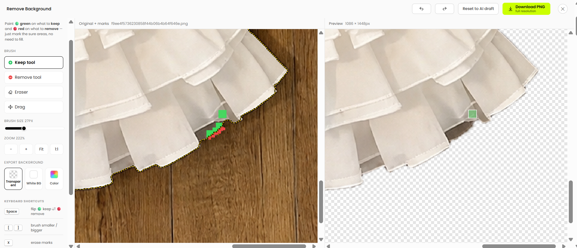 Snappyit green and red edge corrections around a ruffled hem