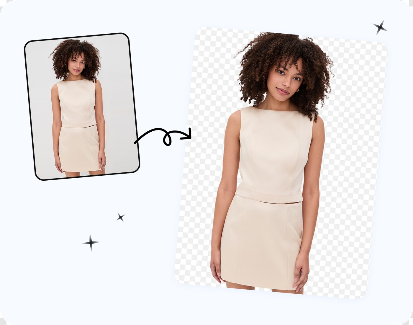 Snappyit free editor result on a curly-hair model photo — original left, transparent cutout right, flyaway hair preserved