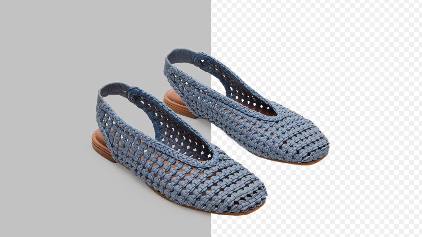 woven slingback shoes cut out cleanly — the open weave is where the brush refine pass earns its keep