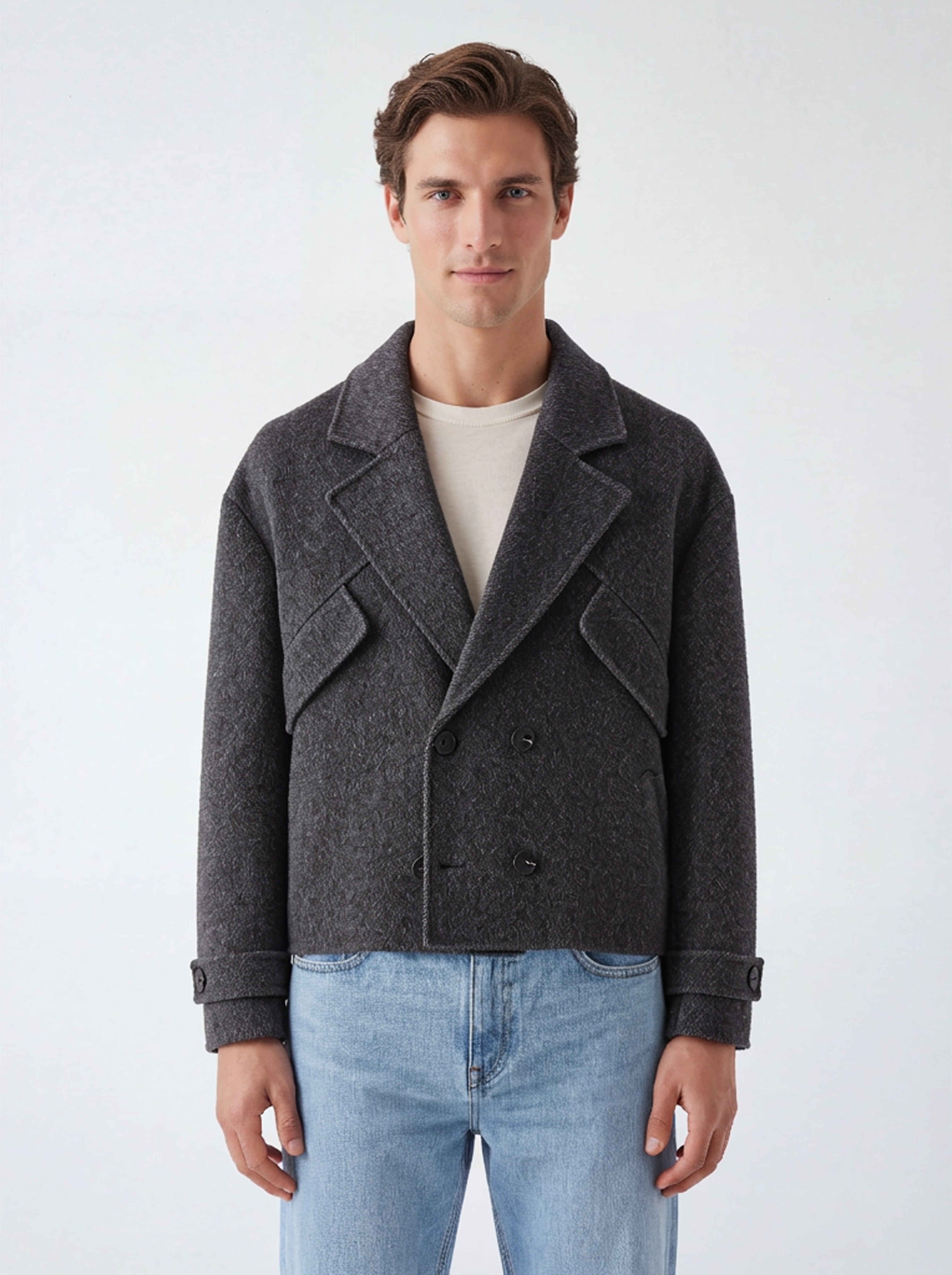 WearView result that changed the men's long coat into a short upper-body garment
