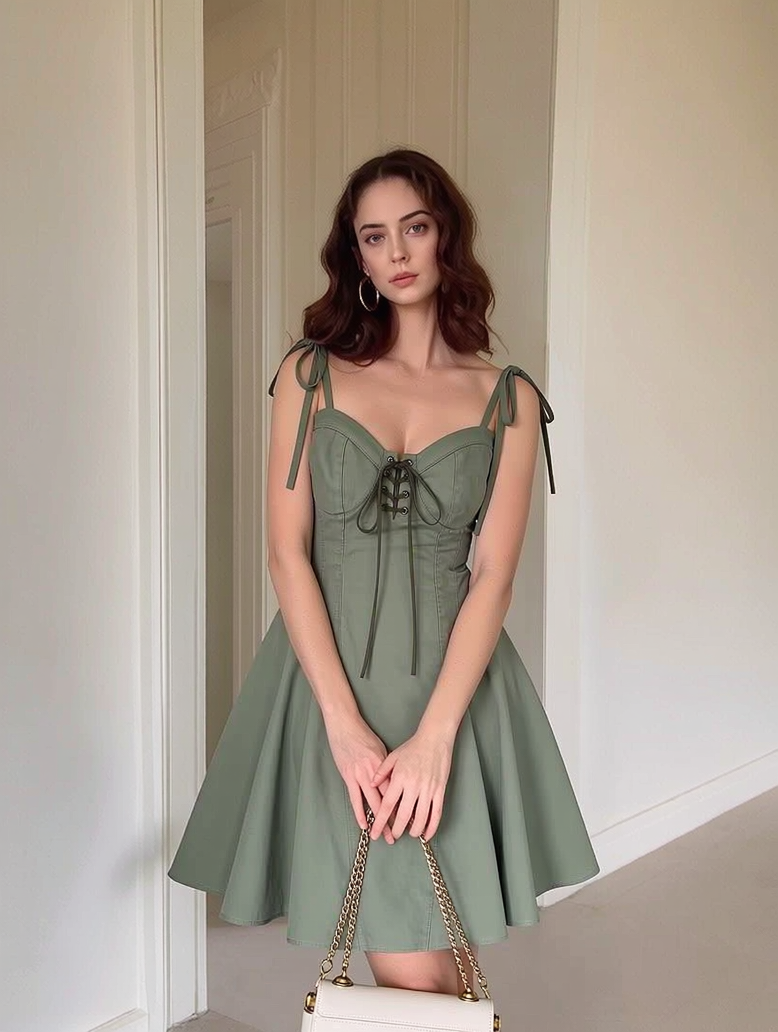 WeShop AI result for the sage-green corset-style dress using a styled template
